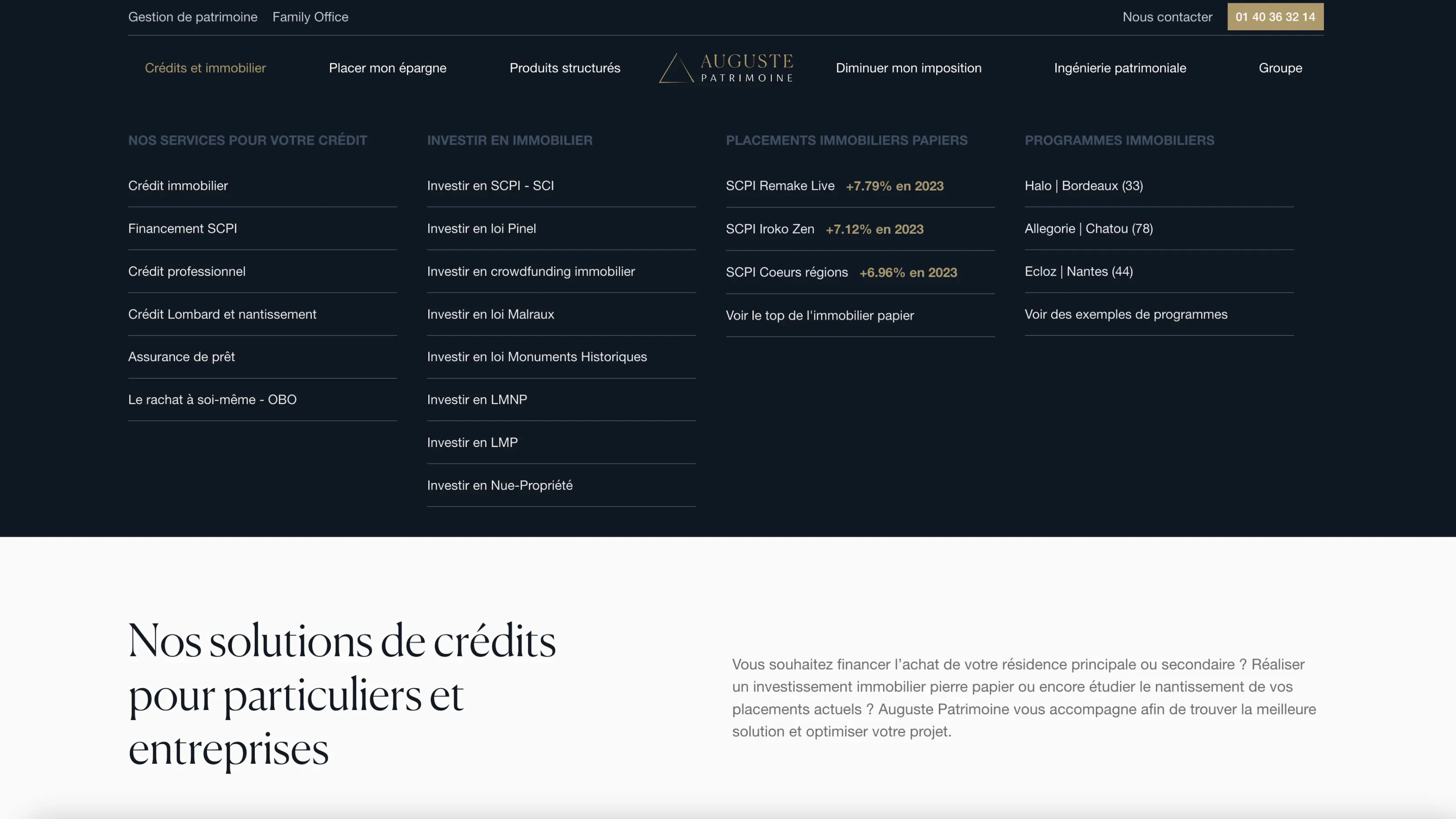 Menu du site Auguste Patrimoine présentant les services de crédits, placements immobiliers et programmes, avec un texte d’introduction aux solutions de crédit.