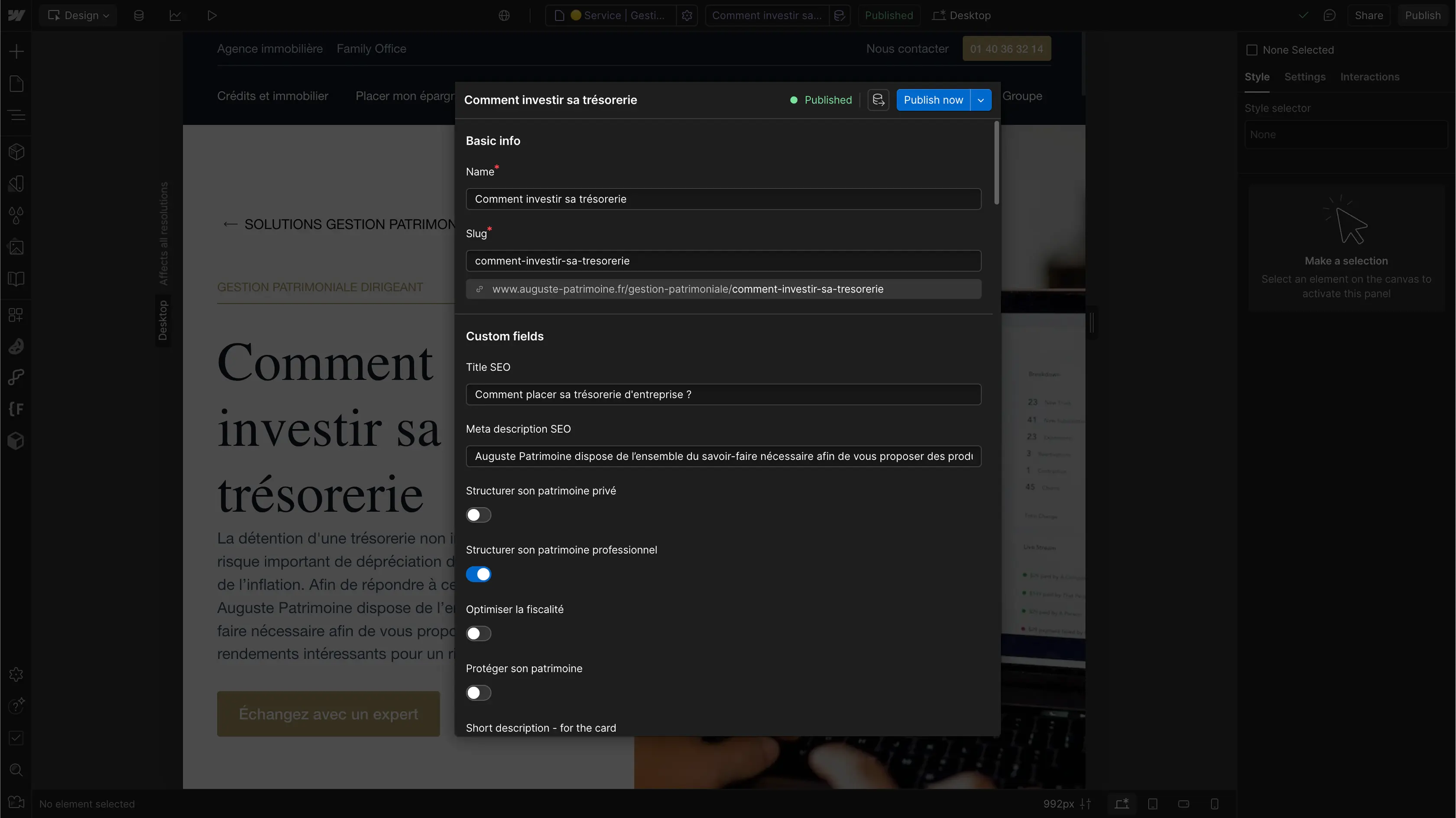 Interface Webflow affichant la page “Comment investir sa trésorerie” avec champs SEO personnalisés pour le titre et la meta description.