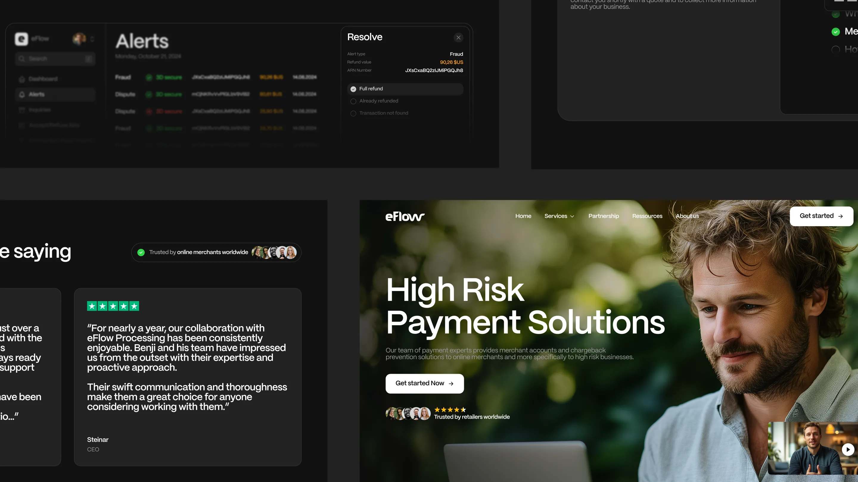eFlow homepage designed by Digidop, showcasing high-risk payment solutions, customer testimonials, and a fraud prevention dashboard interface.