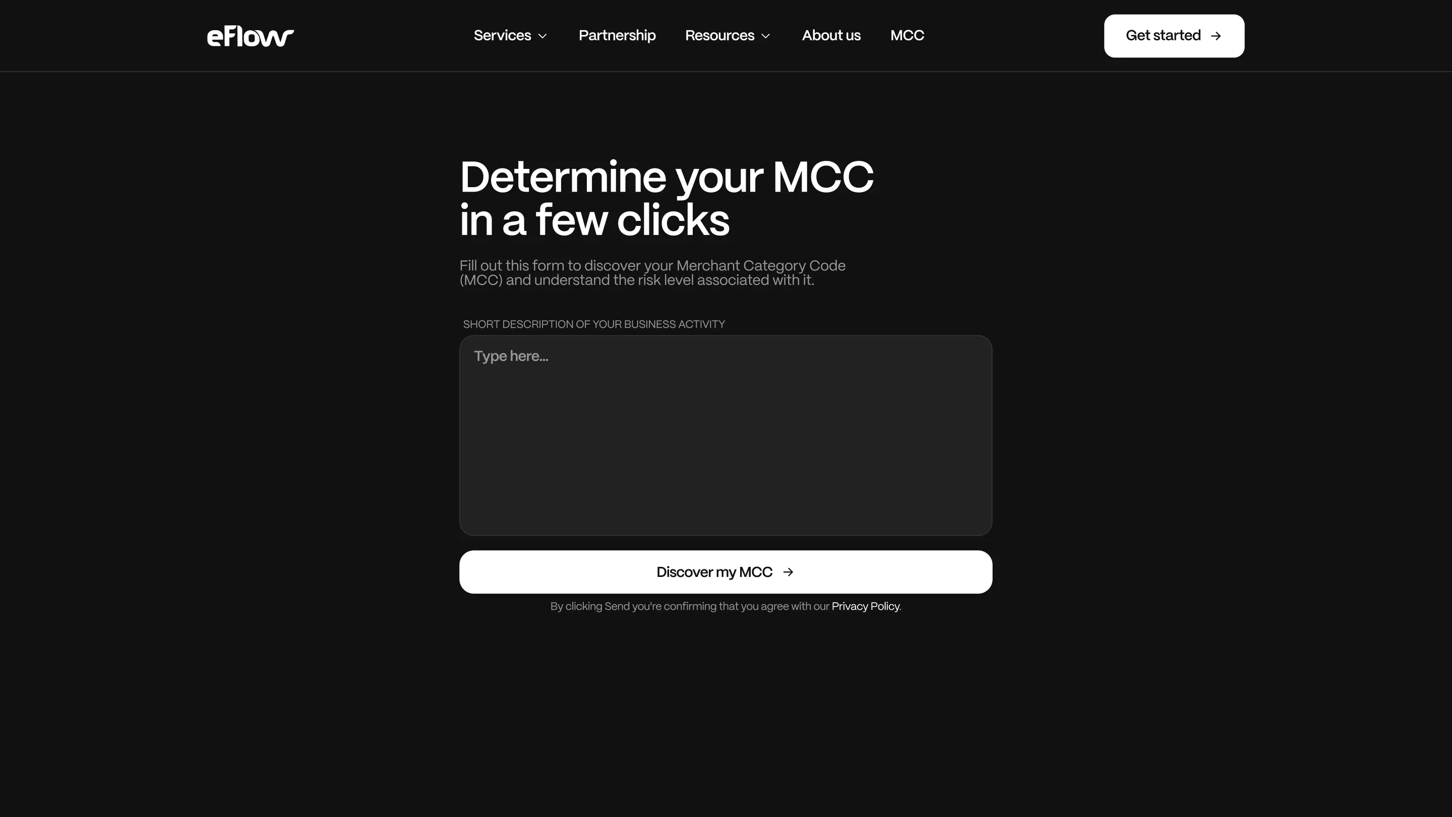 eFlow MCC Lookup tool integrated into the website, enabling users to determine their Merchant Category Code and associated risk level, powered by AI.