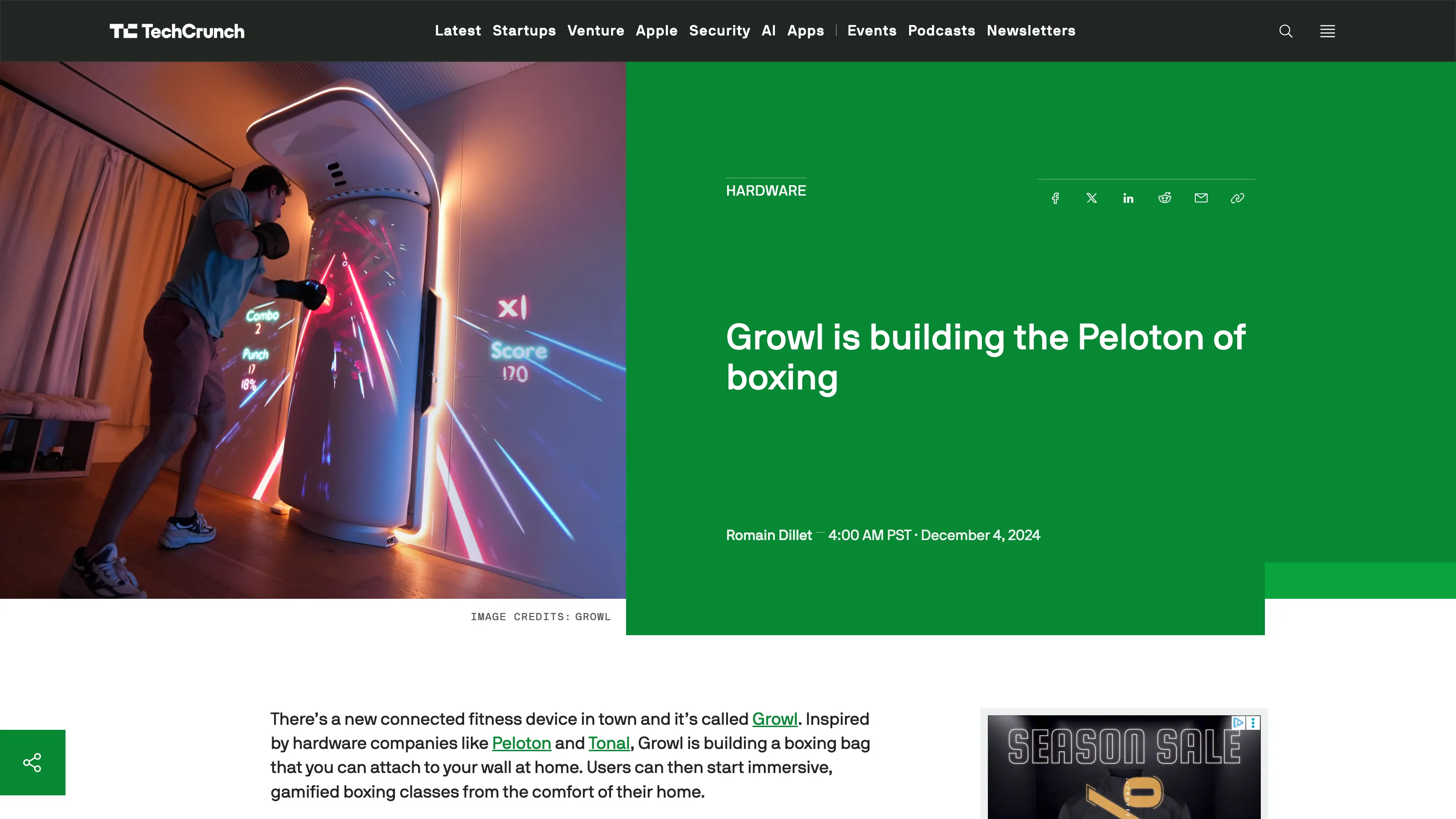 TechCrunch article featuring GROWL, an immersive connected punching bag dubbed the “Peloton of boxing,” with a user mid-training session.