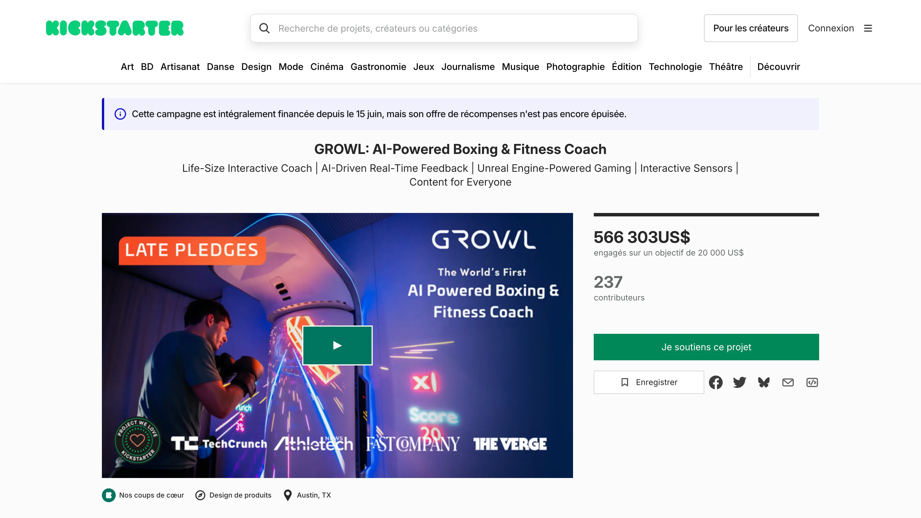 GROWL Kickstarter page for the AI-powered boxing and fitness coach, showing $566,303 pledged from 237 backers, with product visuals.