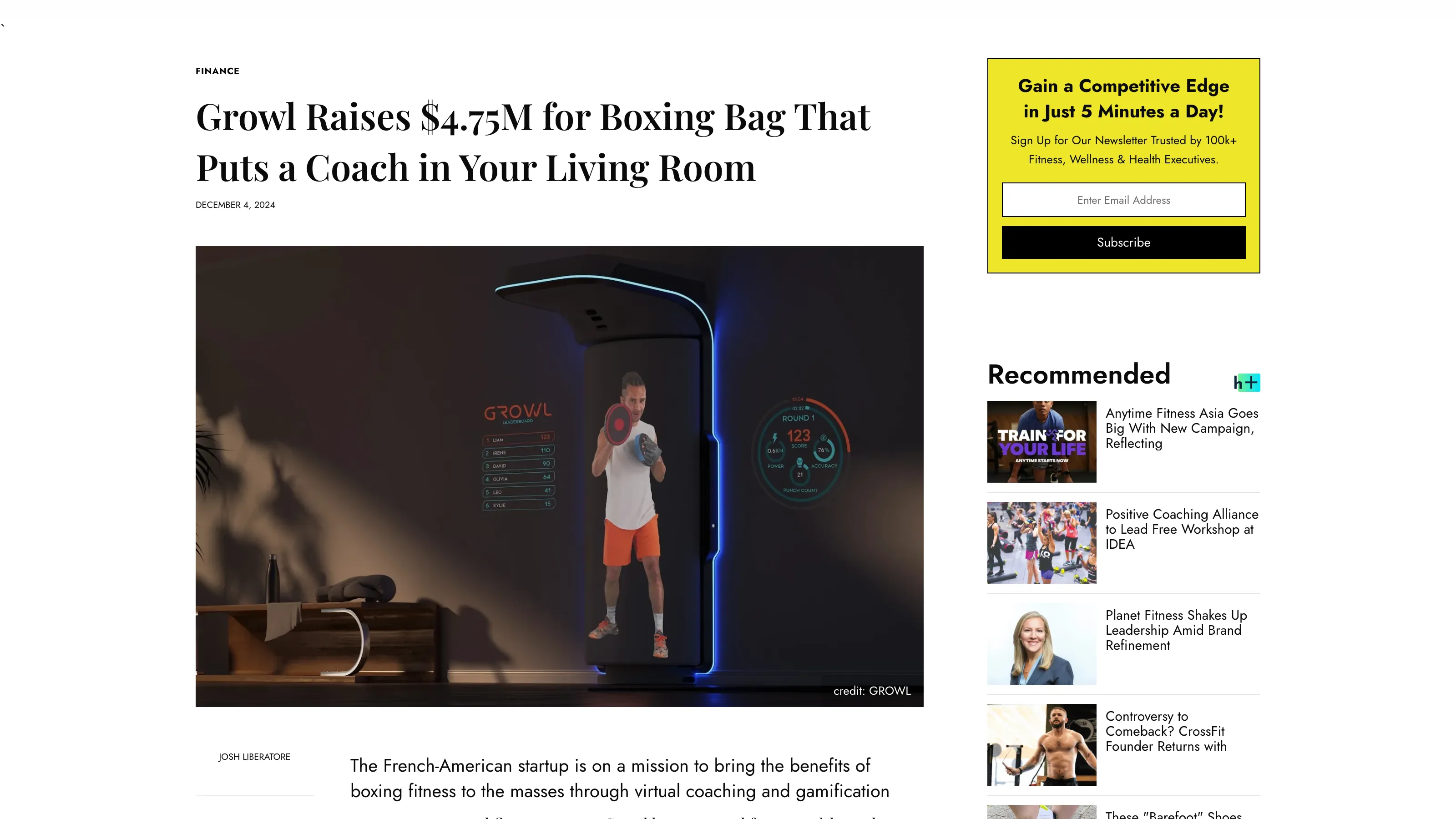Article announcing GROWL’s $4.75M fundraising to develop its connected punching bag with an integrated virtual coach.