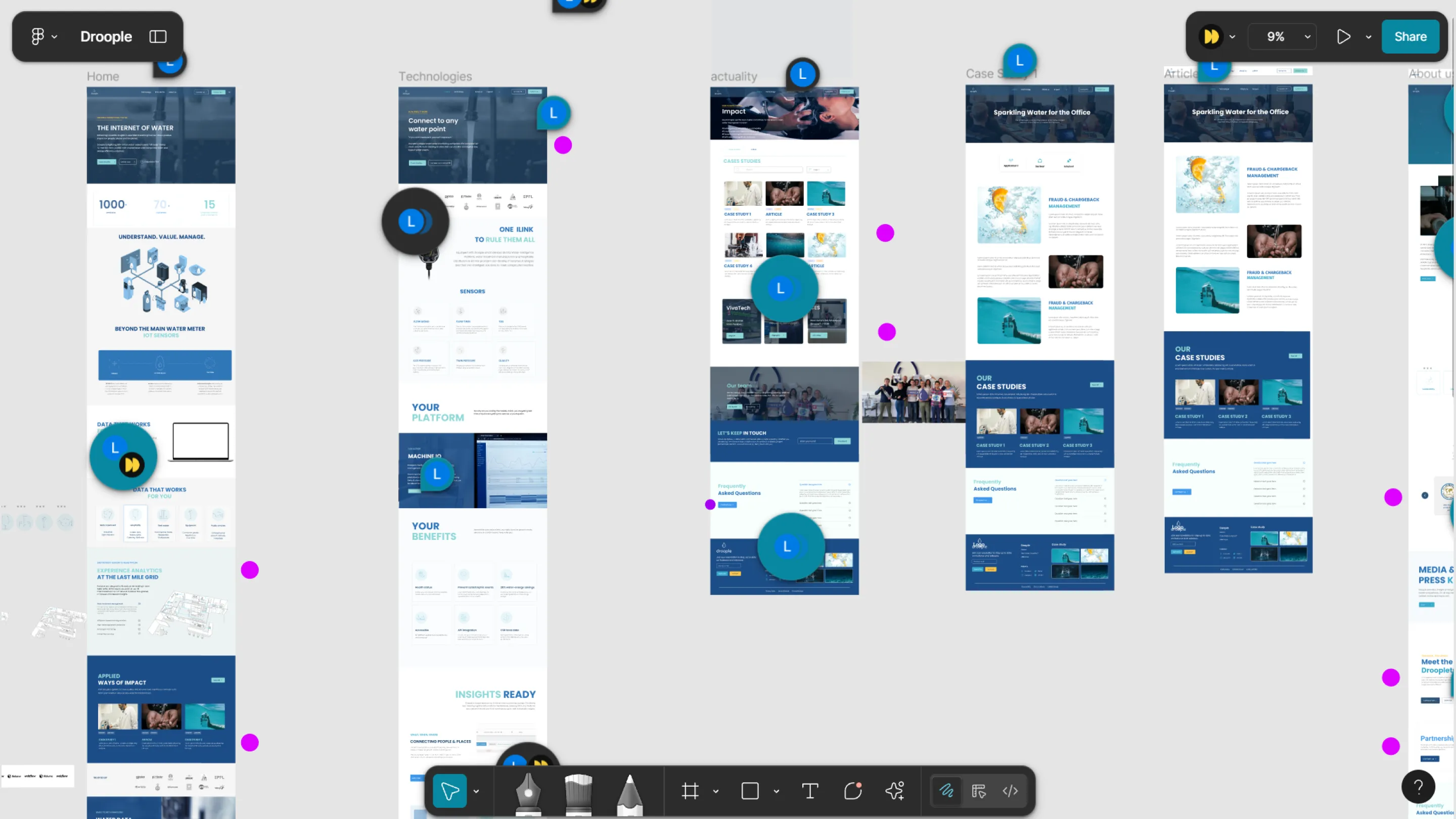 Aperçu des maquettes Webflow du site Droople, présentant les pages d’accueil, technologies, études de cas et actualités.