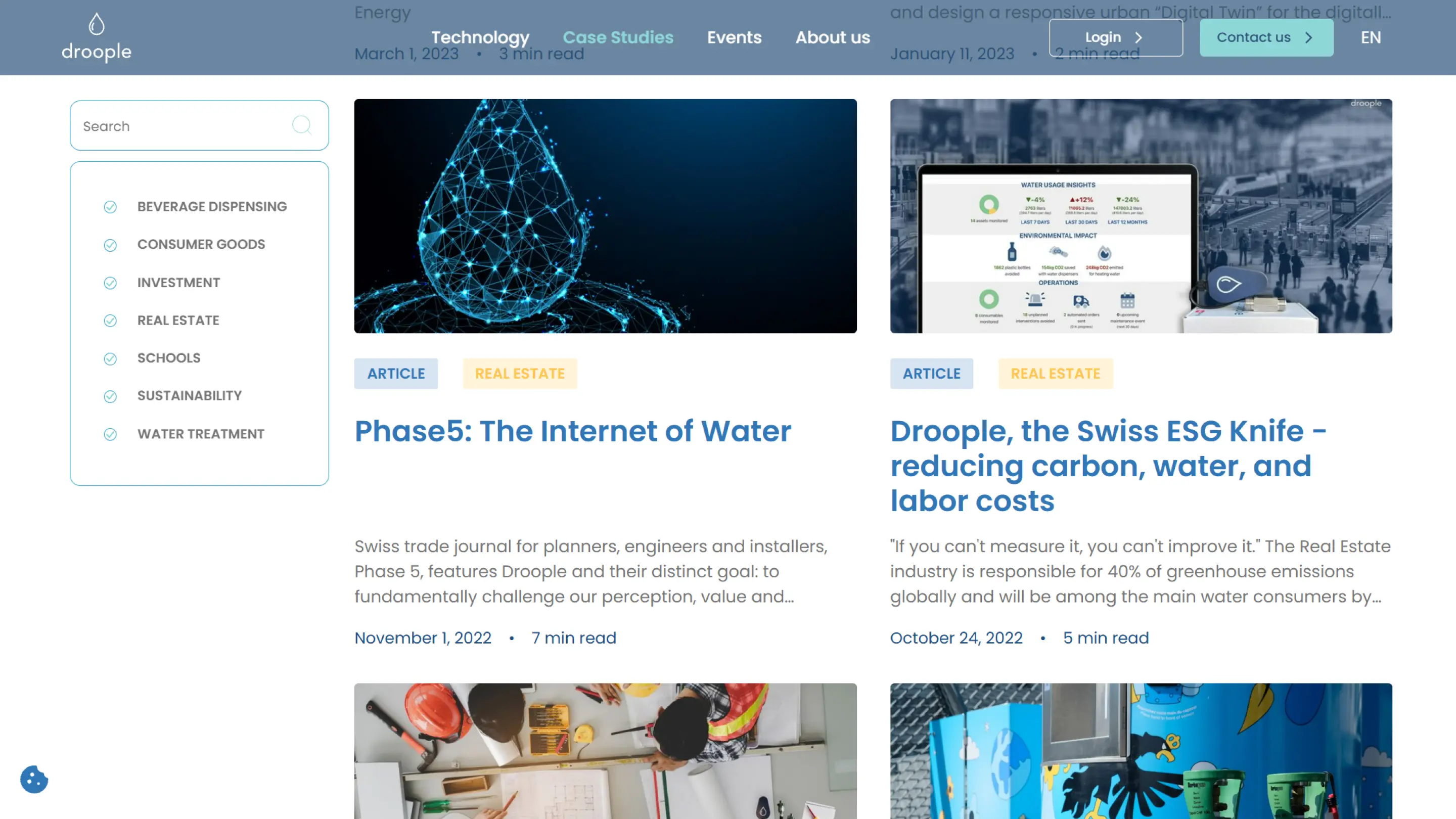 Page d’articles et d’études de cas Droople, incluant “Phase5: The Internet of Water” et “Droople, the Swiss ESG Knife”.