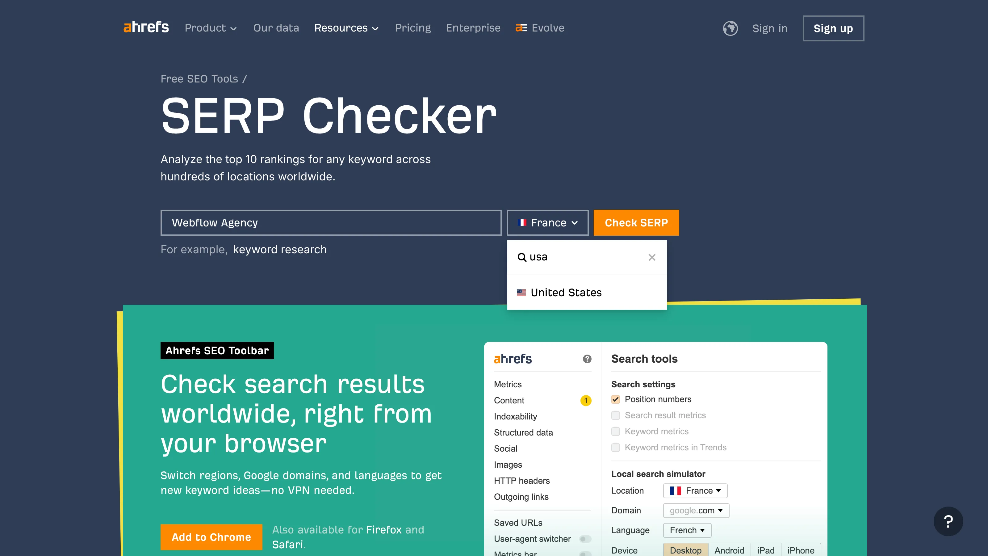 Screenshot of Ahrefs SERP Checker tool with search for “Webflow Agency” in France or USA.