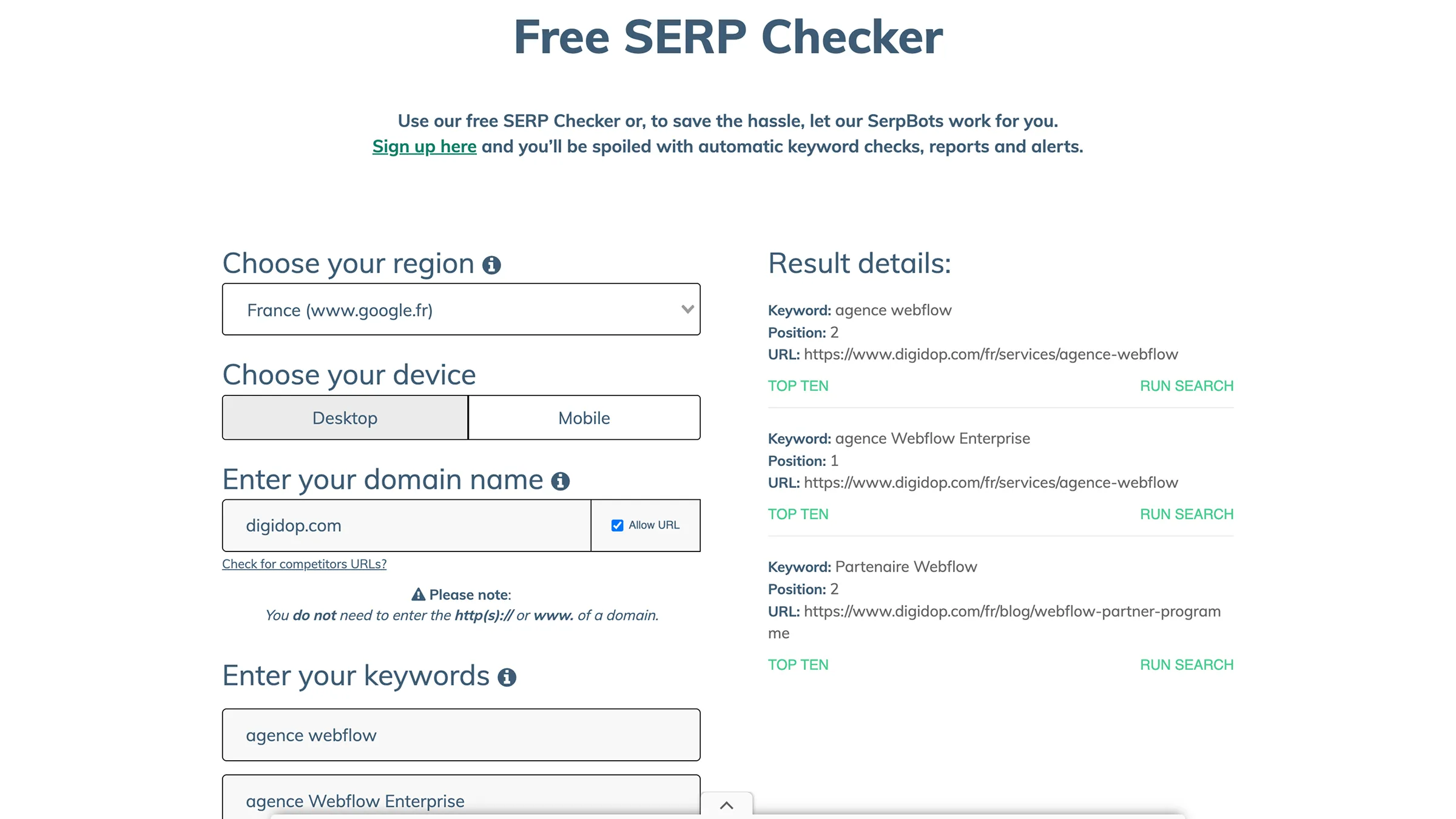 Free SERP Checker results showing Digidop ranking top positions for keywords like “agence Webflow” and “Webflow Enterprise.”