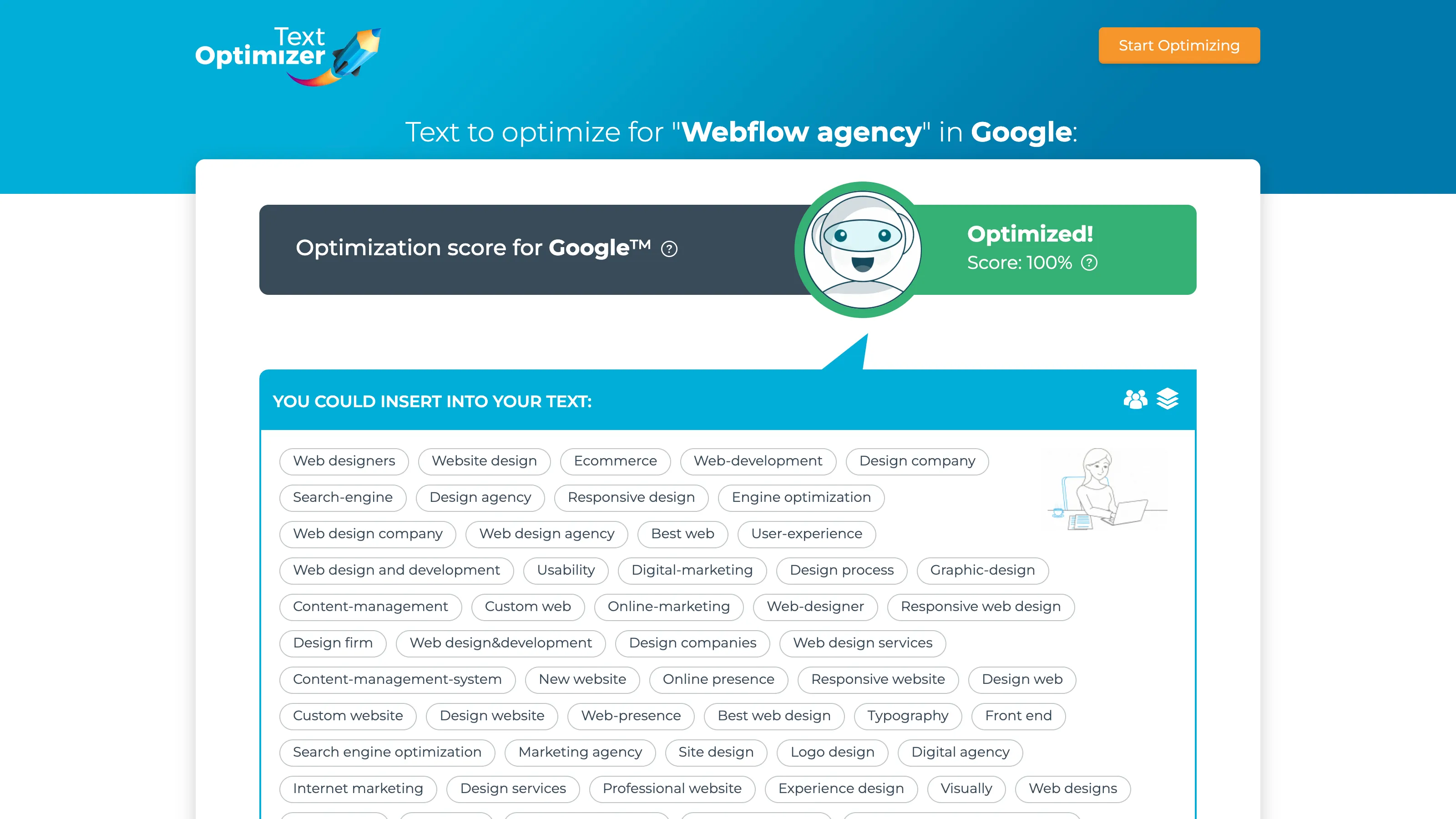 TextOptimizer interface showing a 100% optimization score for the query “Webflow agency”, with a list of suggested keywords like “web designers”, “responsive design”, and “typography”.