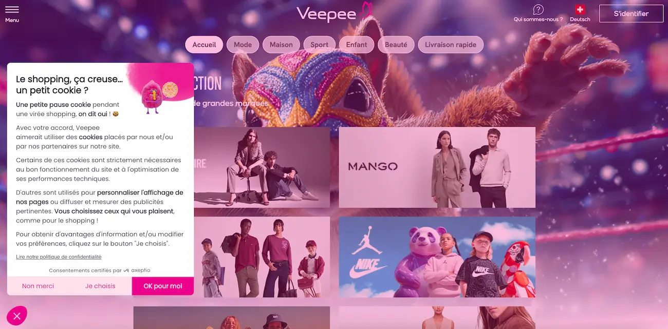 Bannière de cookie personnalisée axeptio sur le site veepee