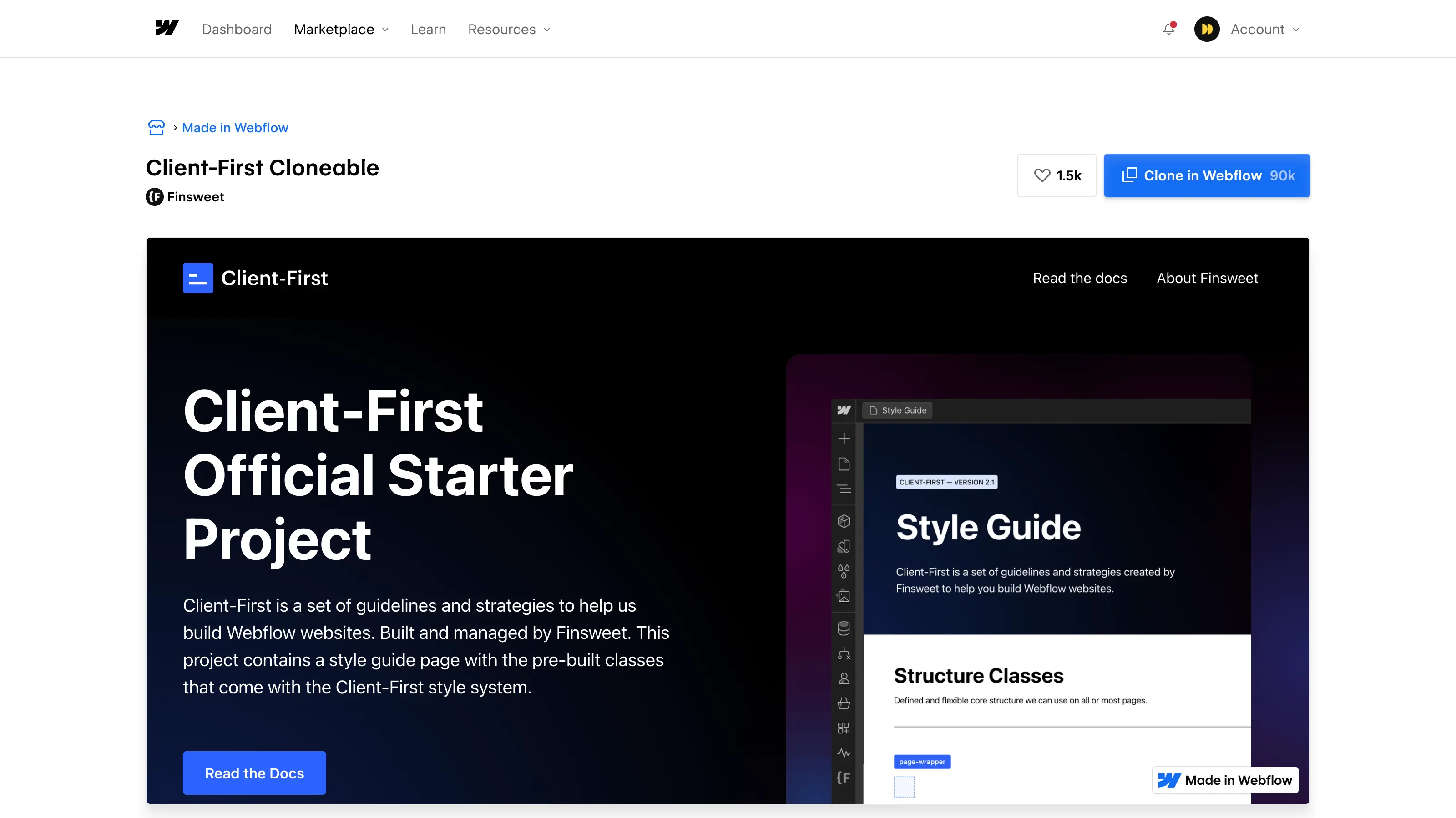 Page Webflow du projet cloneable officiel Client-First par Finsweet, avec aperçu de la page Style Guide et un bouton pour cloner le projet.