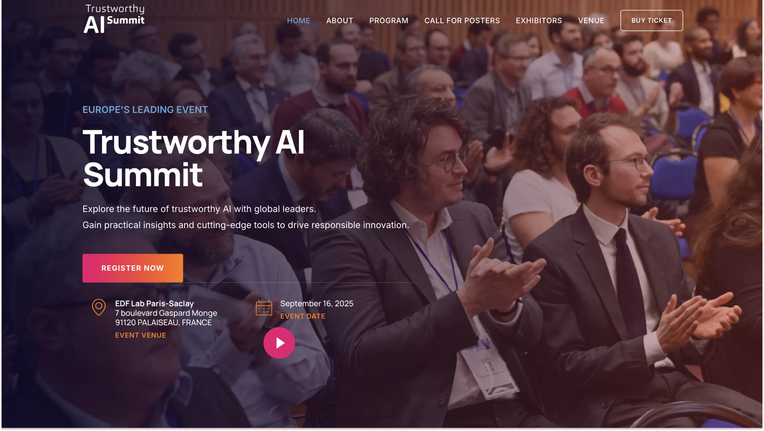 Homepage of the Trustworthy AI Summit 2025 event website, showing attendees in a conference room.