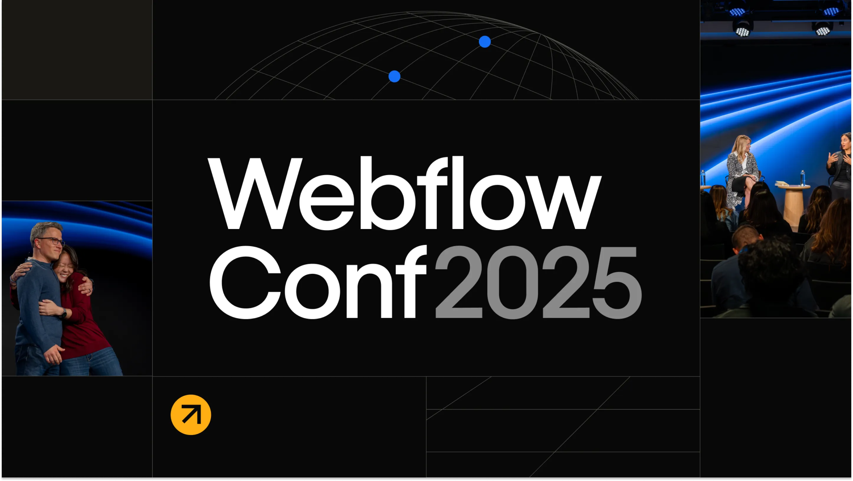 Official visual for Webflow Conf 2025, featuring the logo, attendees’ photos, and a dark theme with blue accents.