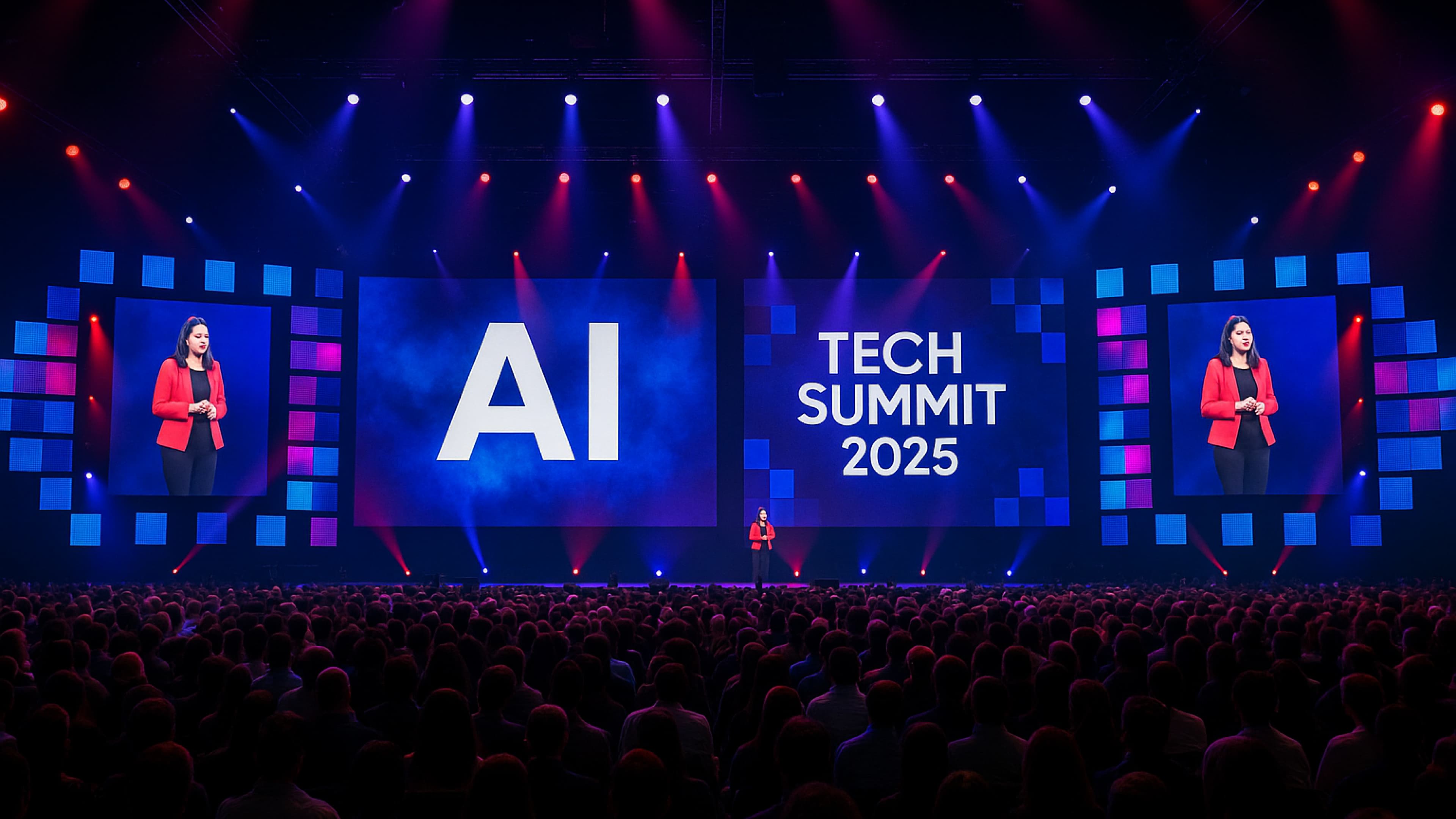 AI Tech Summit 2025 conference with a speaker on stage in front of a large audience, surrounded by big screens displaying “AI” and “Tech Summit 2025”. (Gen by AI)