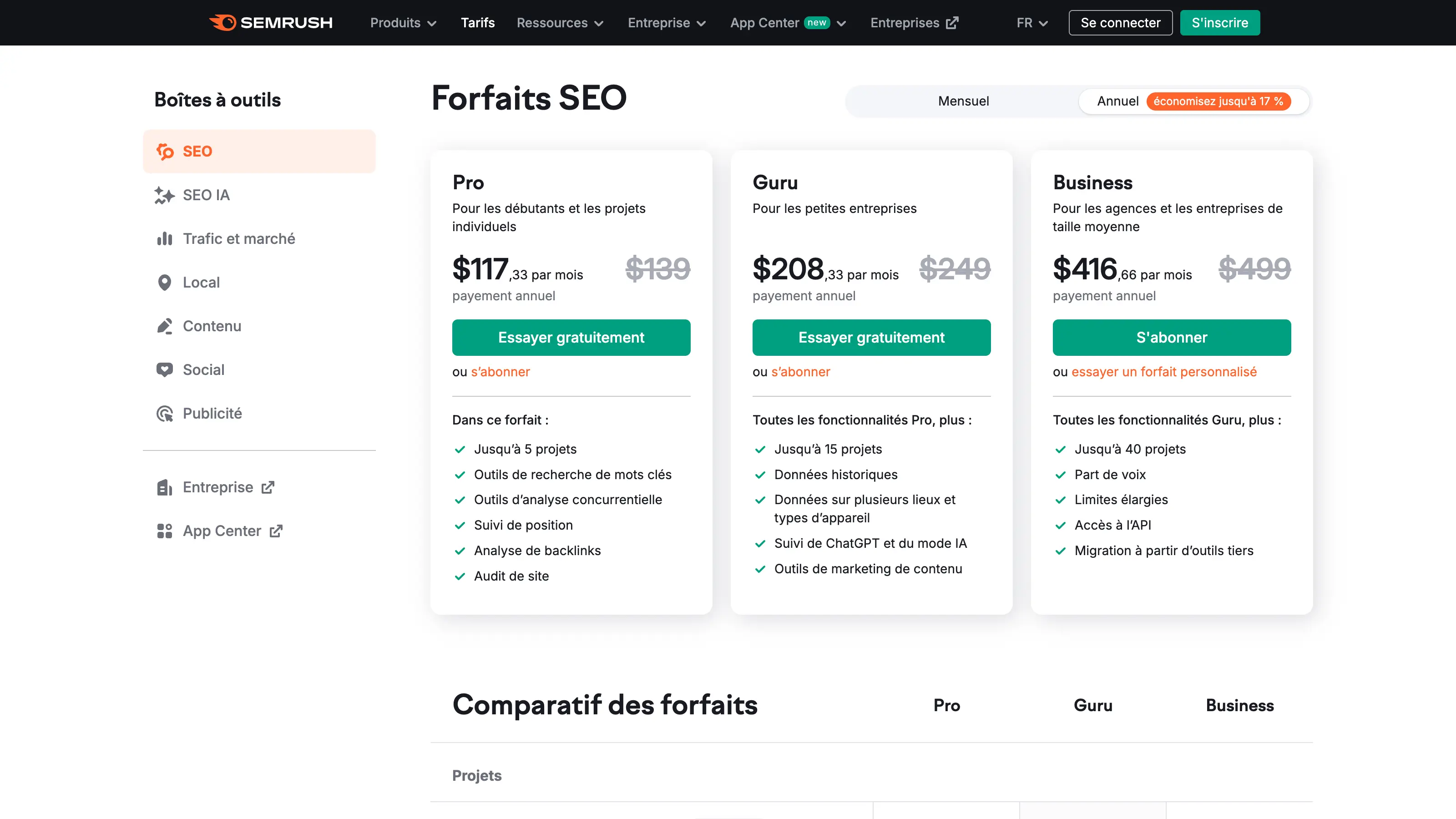 Tableau comparatif des forfaits SEO de Semrush (Pro, Guru et Business) avec les prix mensuels et les fonctionnalités incluses.
