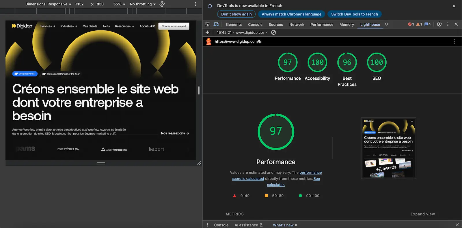 Rapport lighthouse sur digidop.com avec score 97 100 96 et 100
