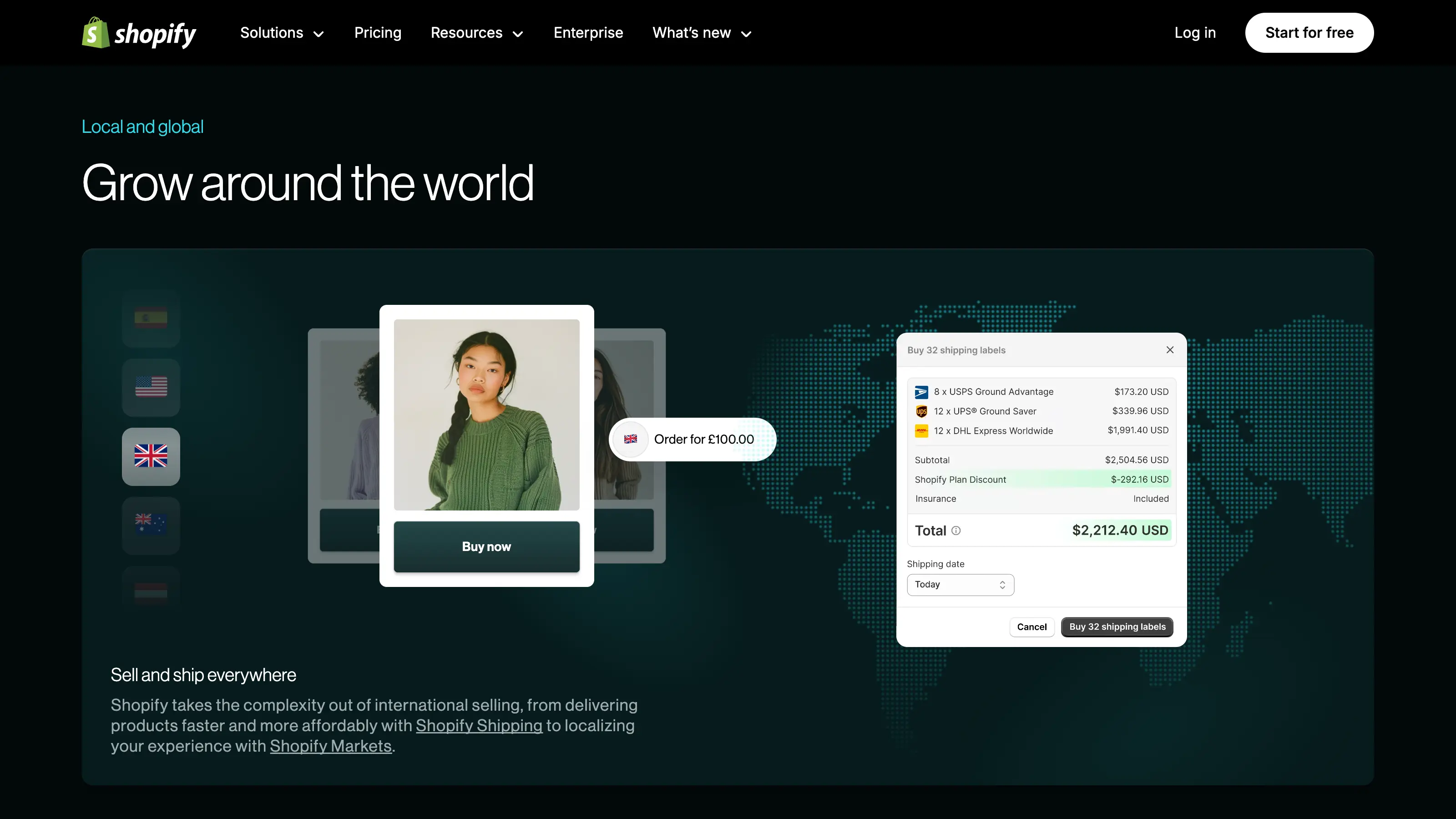 Visual representation of Shopify’s global commerce features, including a world map, multi-country shipping options, and purchase of 32 shipping labels.