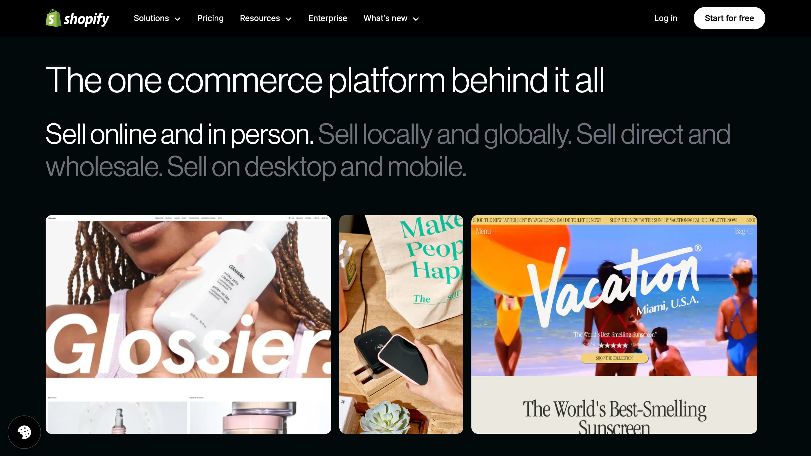 Screenshot of Shopify homepage showcasing online stores like Glossier, with the tagline “The one commerce platform behind it all – Sell online and in person”.