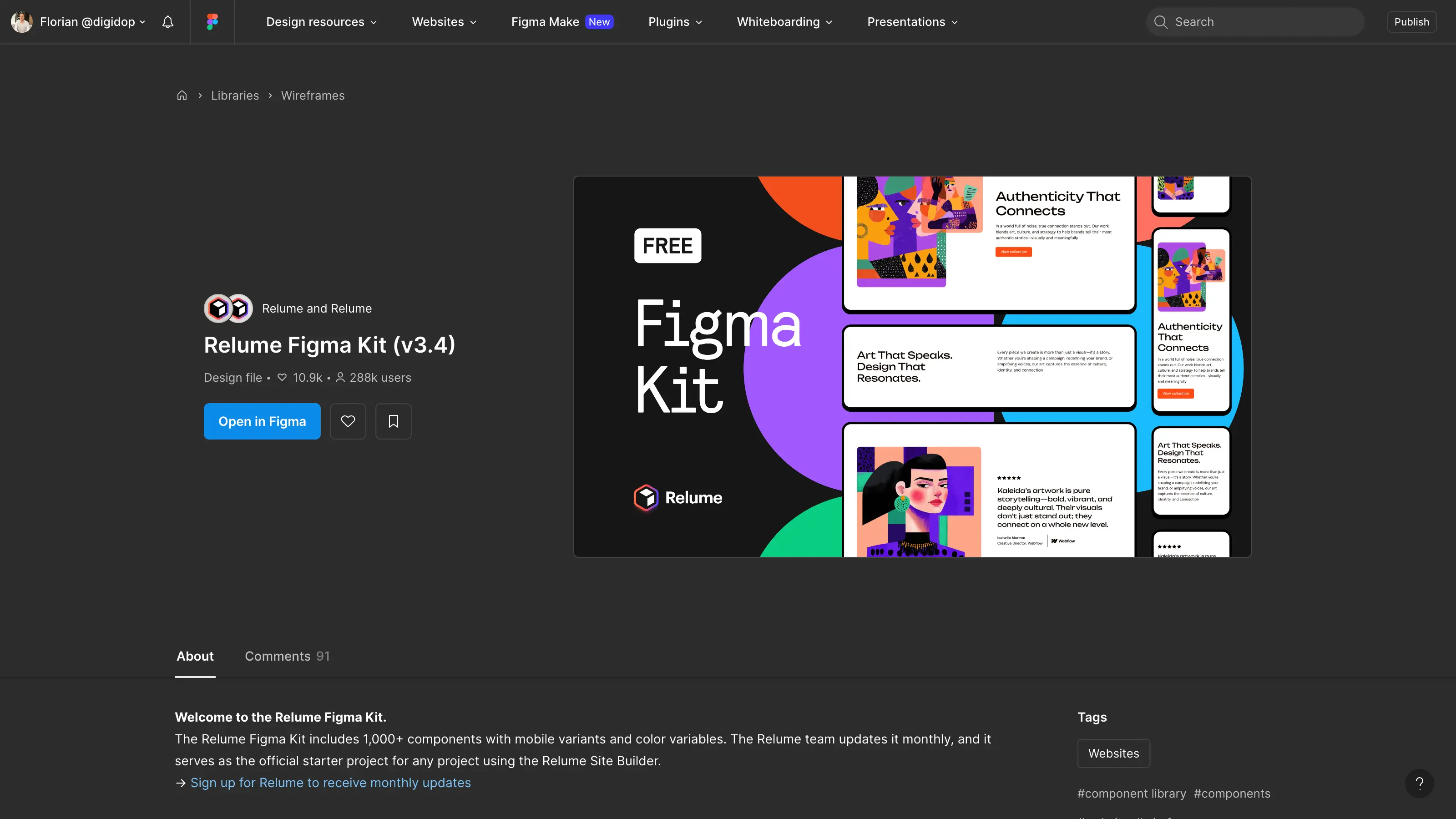 Aperçu du kit Figma gratuit (v3.4) proposé par Relume avec plus de 1000 composants.