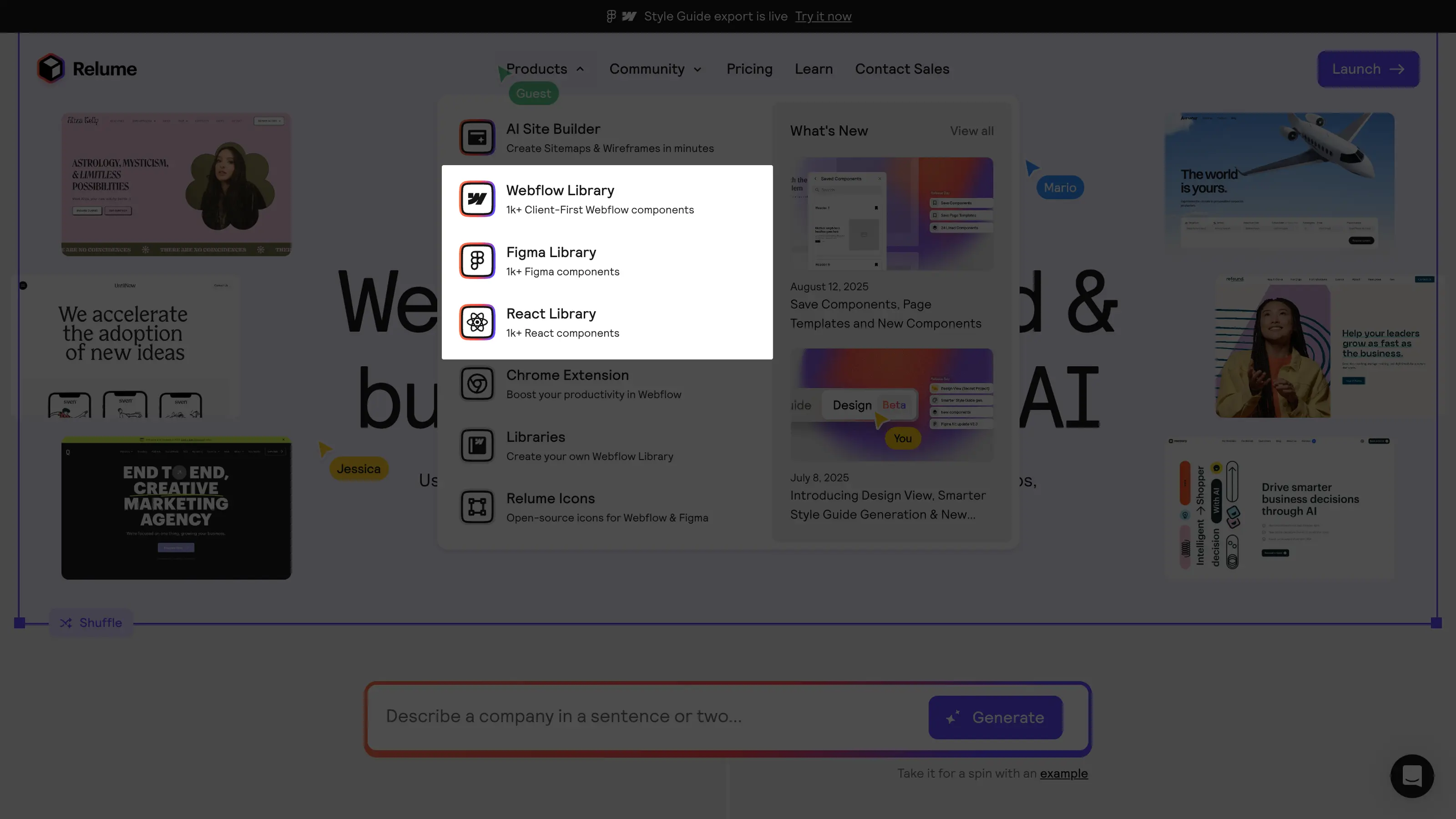 Webflow, Figma, et React libraries disponible sur Relume