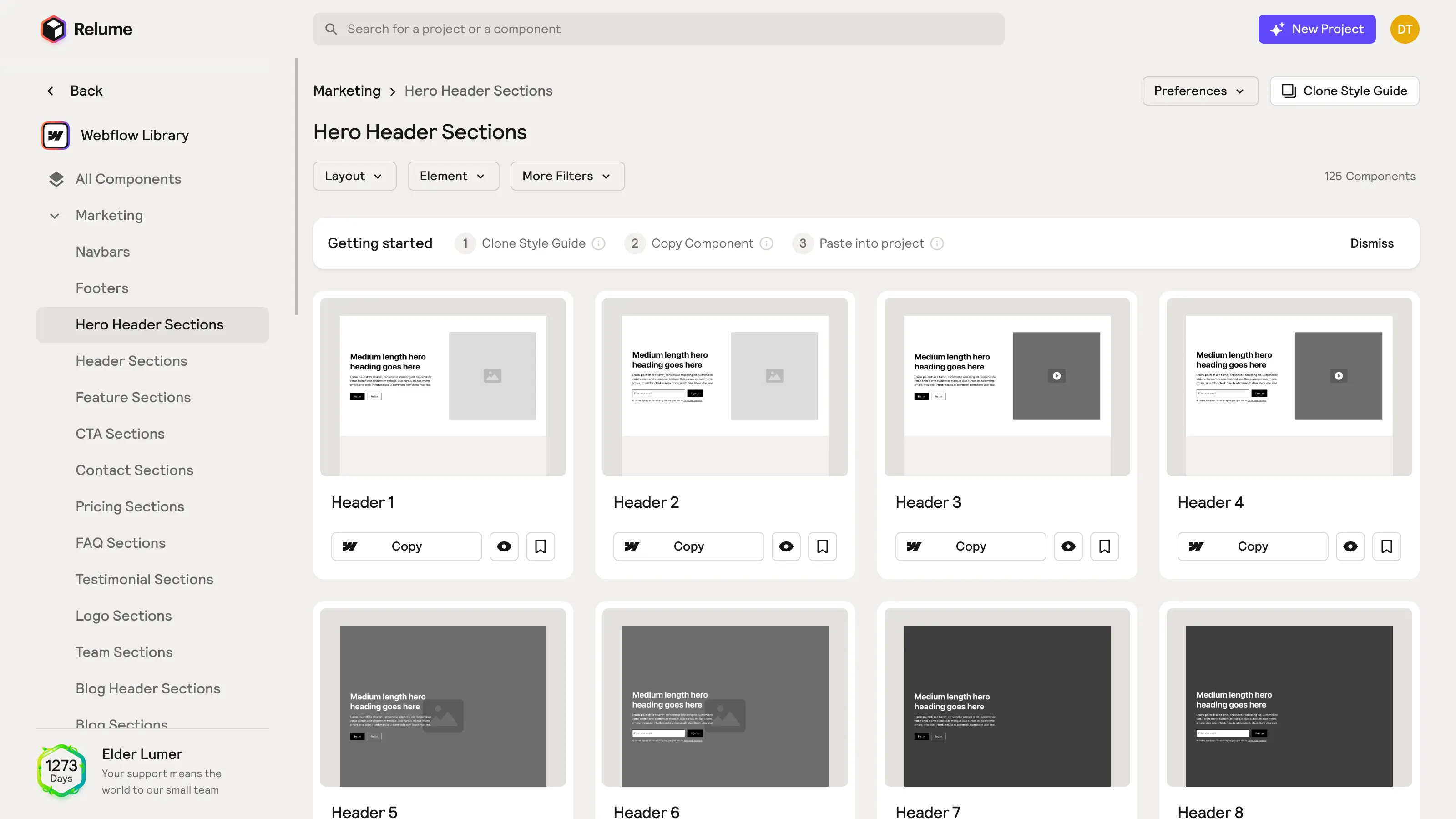 Aperçu des sections Hero Header dans la bibliothèque de composants Webflow de Relume.