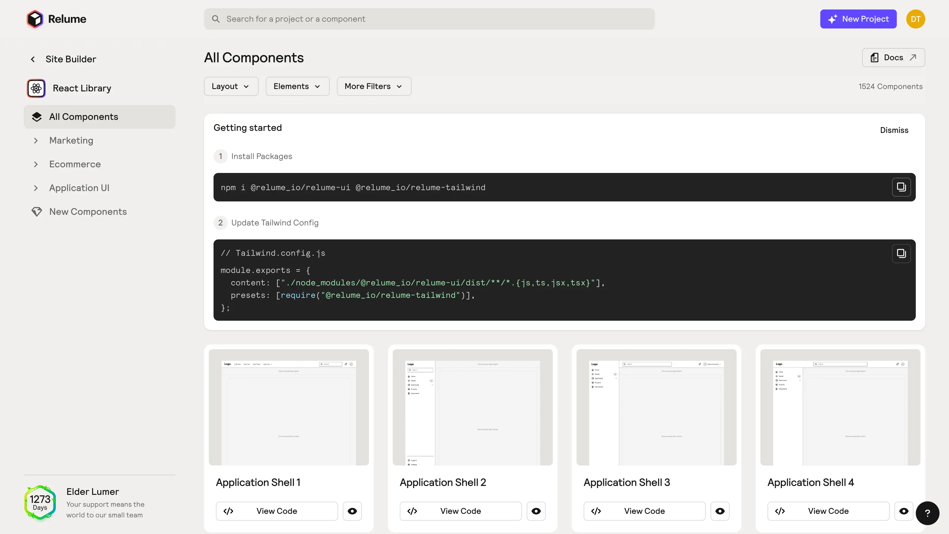 Bibliothèque de composants React dans l’éditeur Relume avec configuration Tailwind.