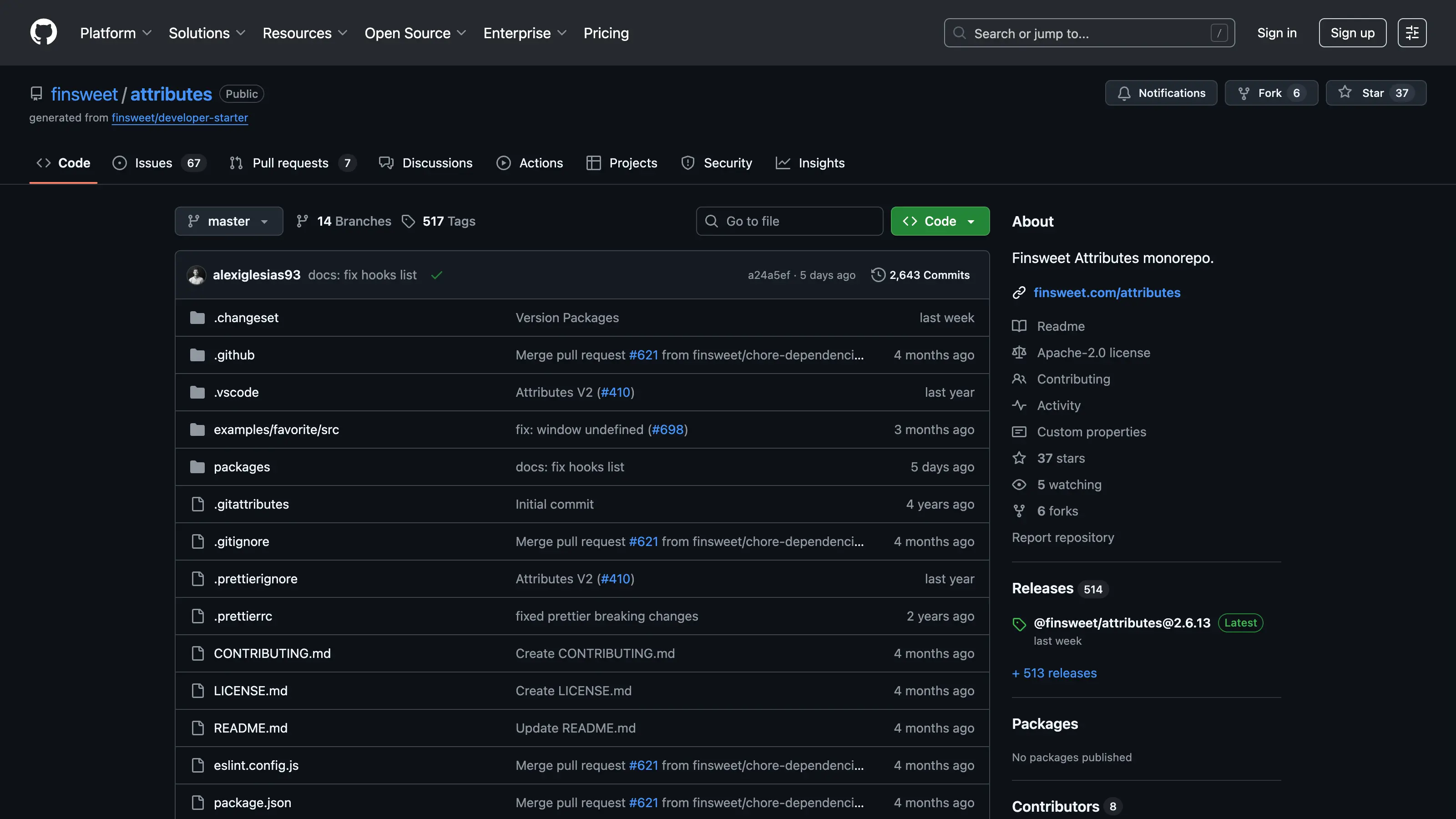 GitHub repository page for Finsweet Attributes, showing the codebase structure, recent commits, and project information under the Apache 2.0 license.