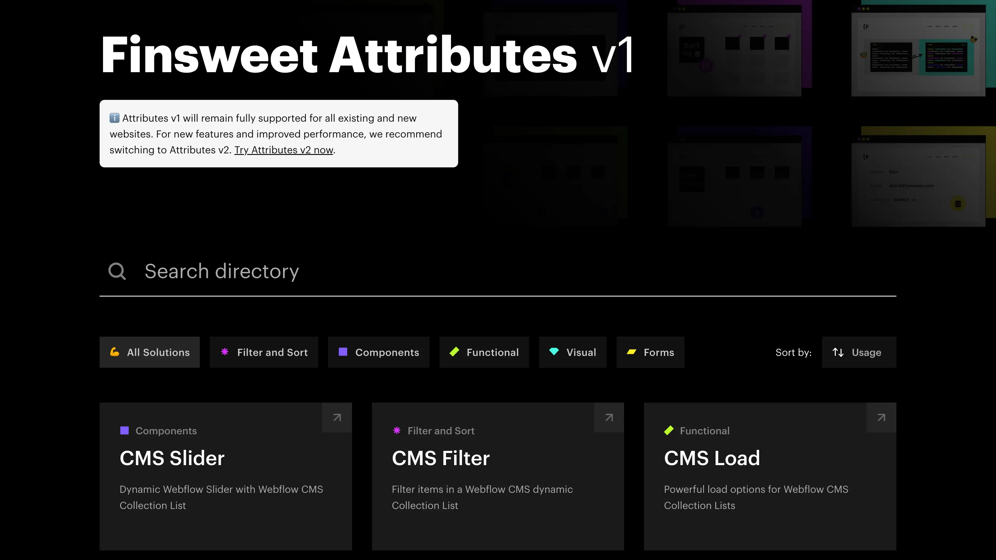 Finsweet Attributes v1 dashboard with category filters and most used components like CMS Slider, CMS Filter, and CMS Load, displayed on a black background.