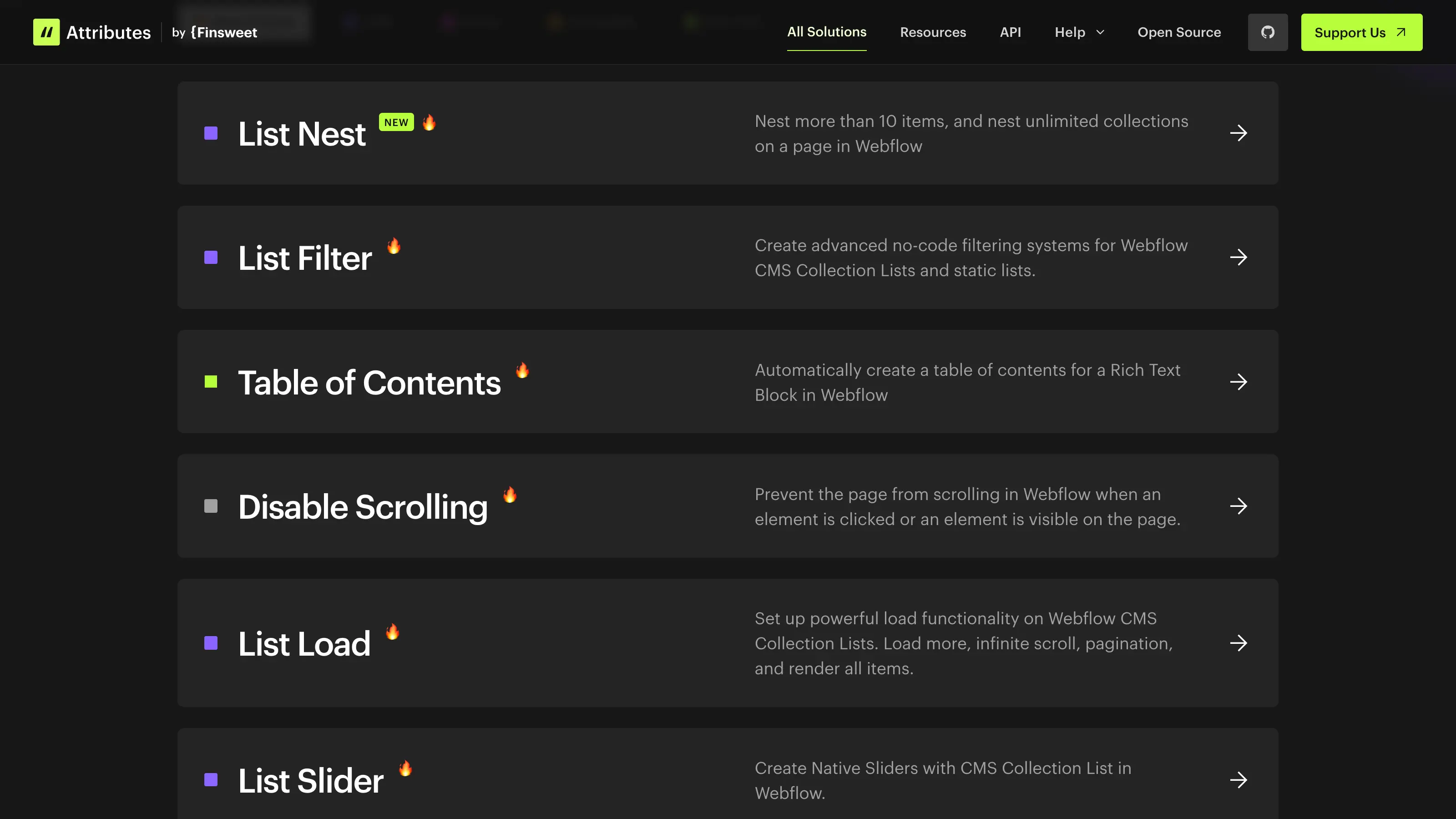 List of Finsweet Attributes v2 features for Webflow, including List Nest, List Filter, Table of Contents, and more, displayed on a dark UI with fire emojis for popularity indicators.