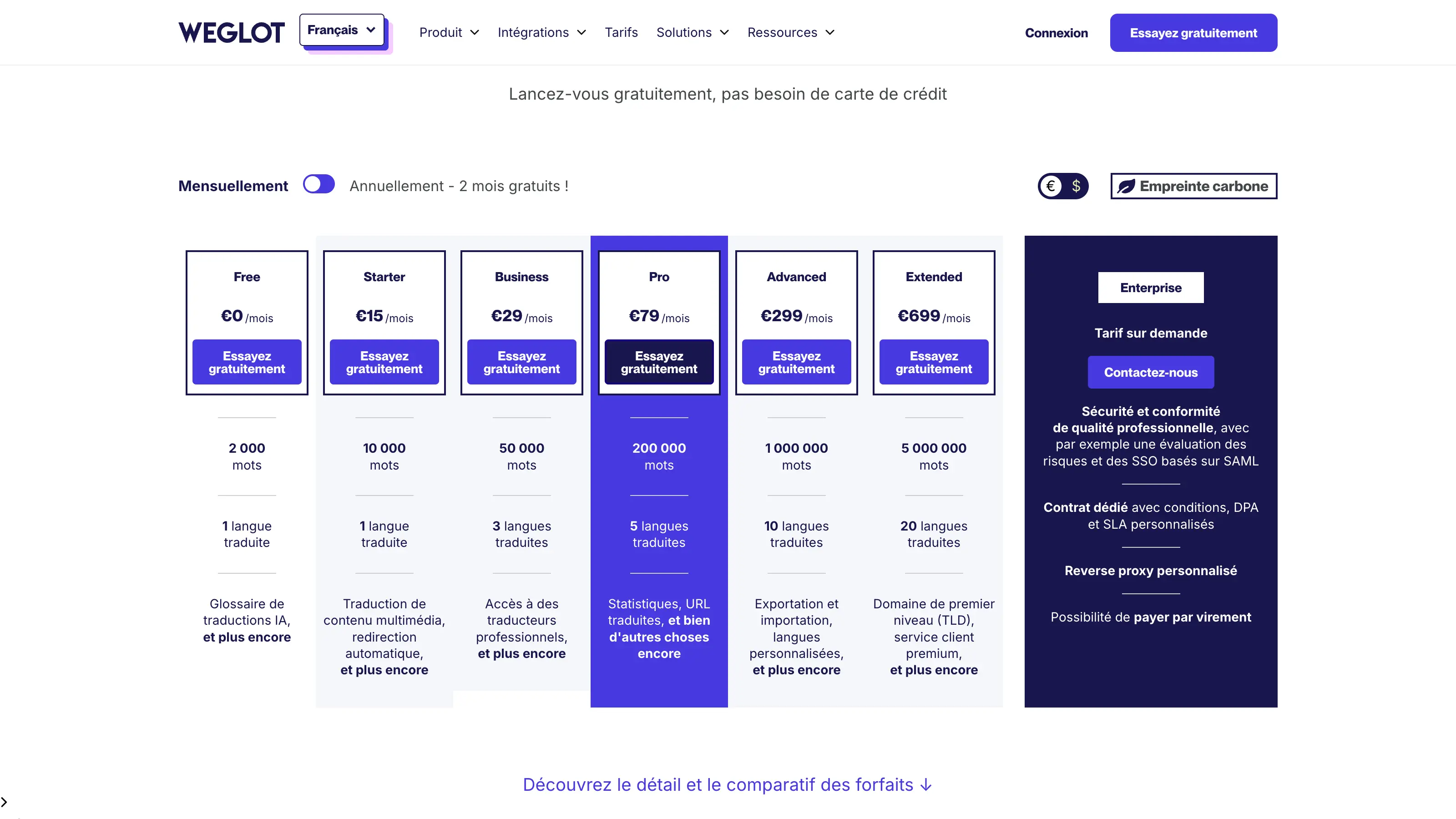 Capture d’écran de la page tarifs de Weglot en français, présentant les différents forfaits mensuels de Gratuit à Enterprise, avec le nombre de mots et langues traduites.