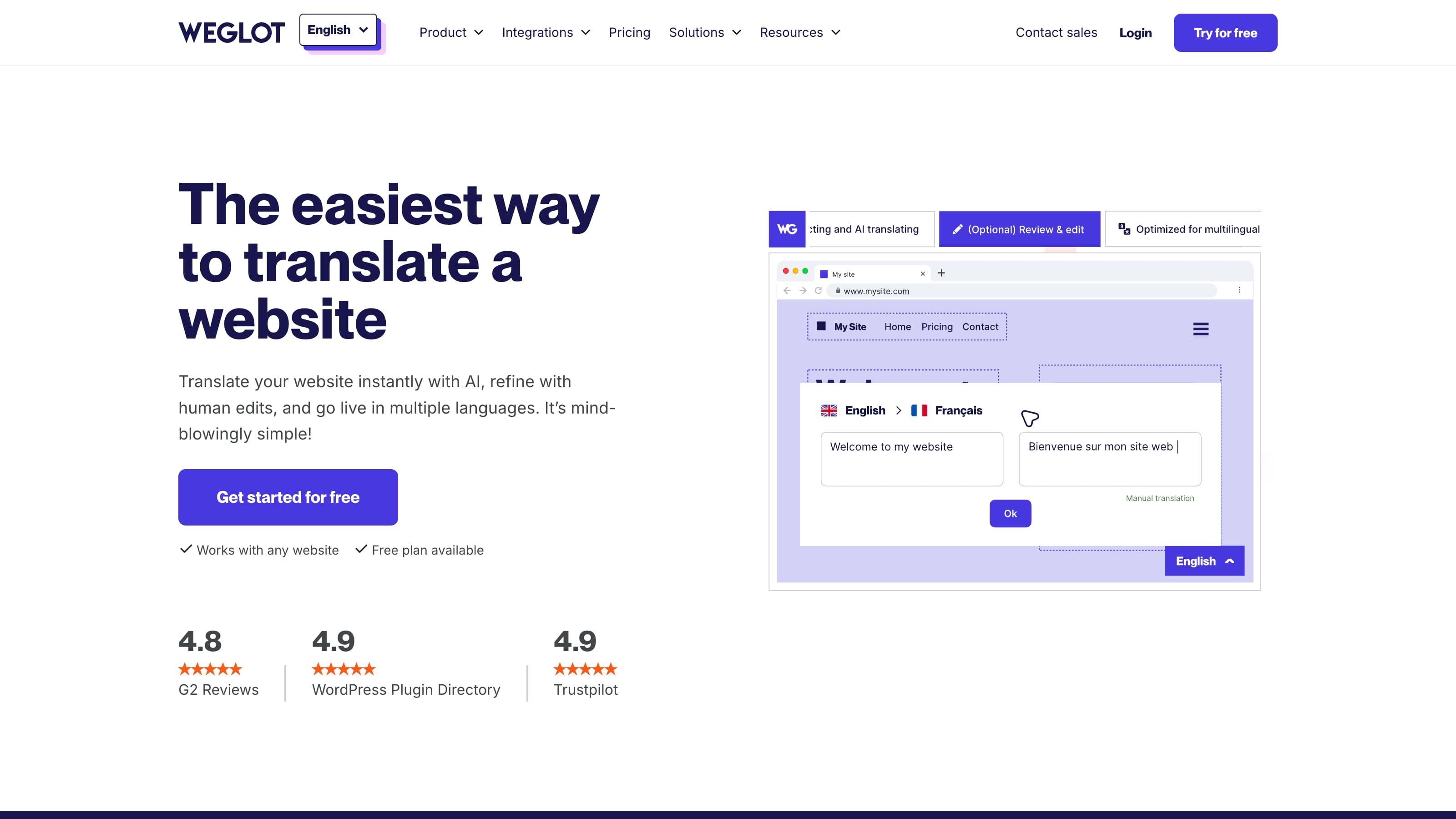 Homepage of Weglot in English showing the main value proposition: “The easiest way to translate a website”, with a preview of the translation interface from English to French.