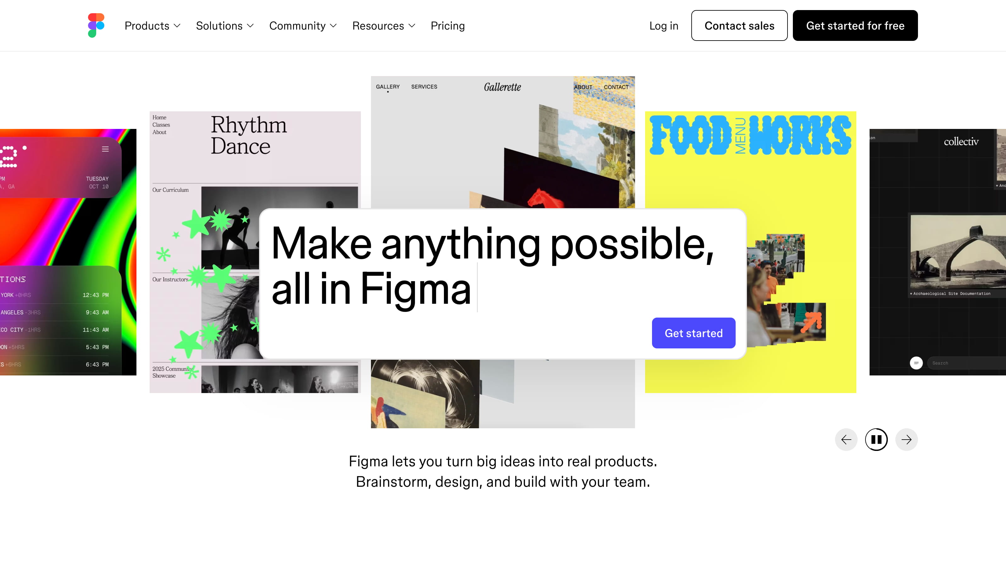 Figma homepage with the headline “Make anything possible, all in Figma” over a colorful gallery of creative project thumbnails.