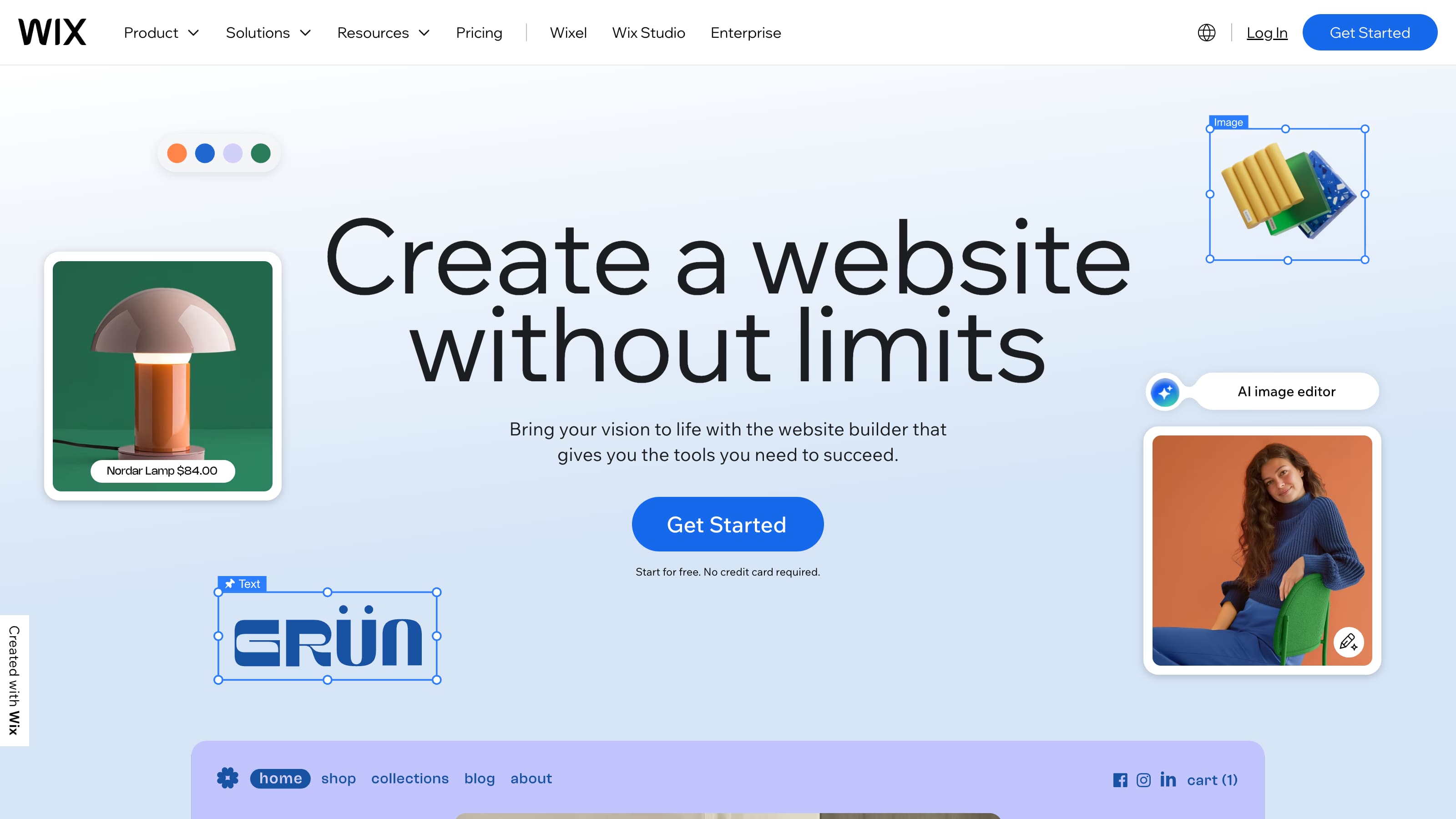 Wix website editor highlighting interactive elements such as an AI image editor, a custom logo, and a product photo.