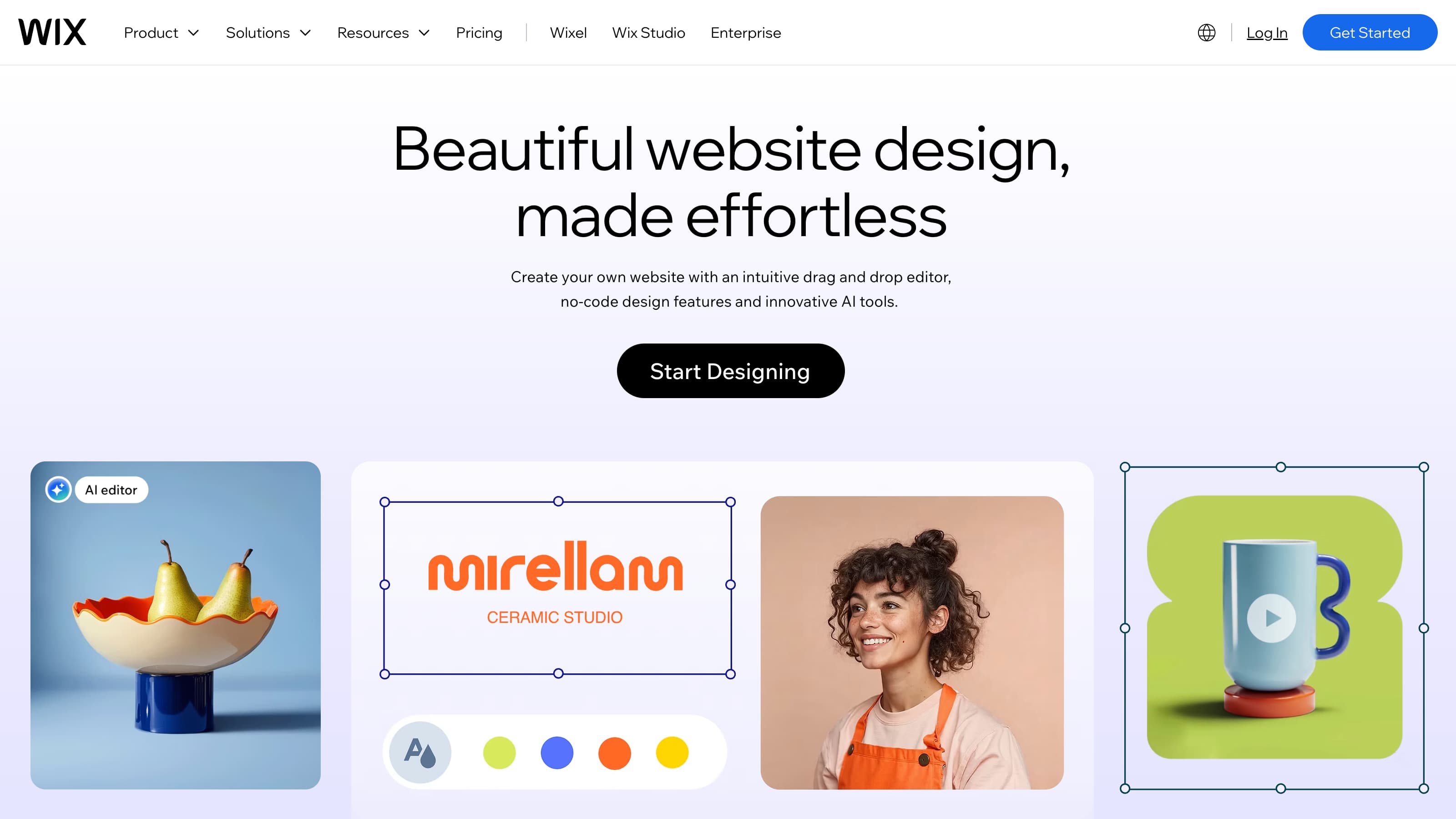 Wix page in English promoting easy website design with a visual editor, no-code features, and integrated AI tools.