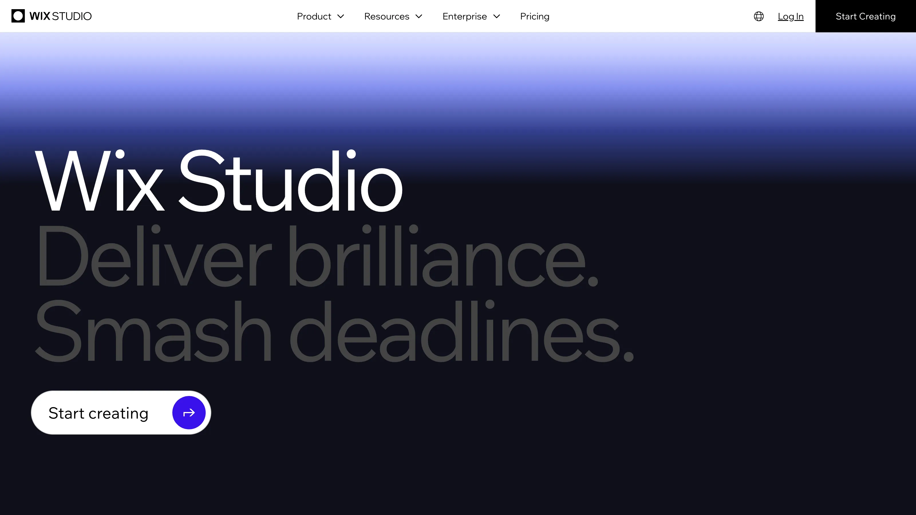 Wix Studio homepage with a purple gradient background and the message “Deliver brilliance. Smash deadlines.” encouraging users to start creating.