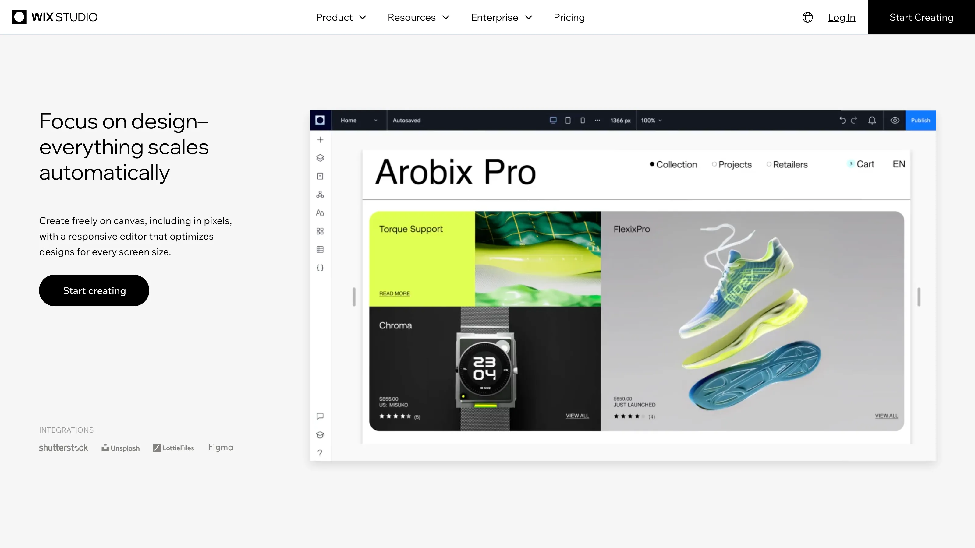 Wix Studio interface showing a website editor with a product design featuring a smartwatch and sneakers, highlighting a responsive design canvas.