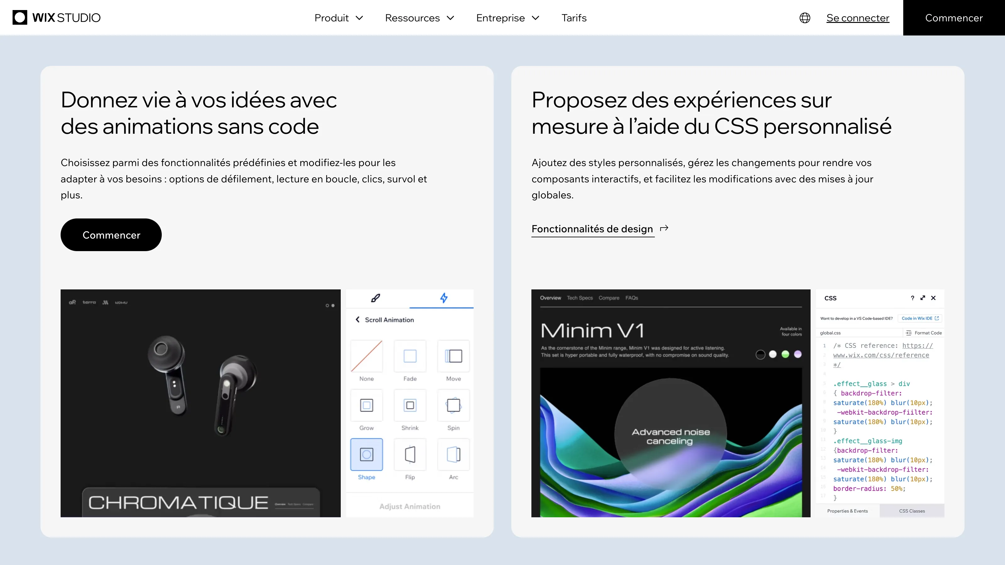  Interface de Wix Studio en français présentant des options d’animations sans code et des personnalisations via CSS pour créer des expériences interactives.