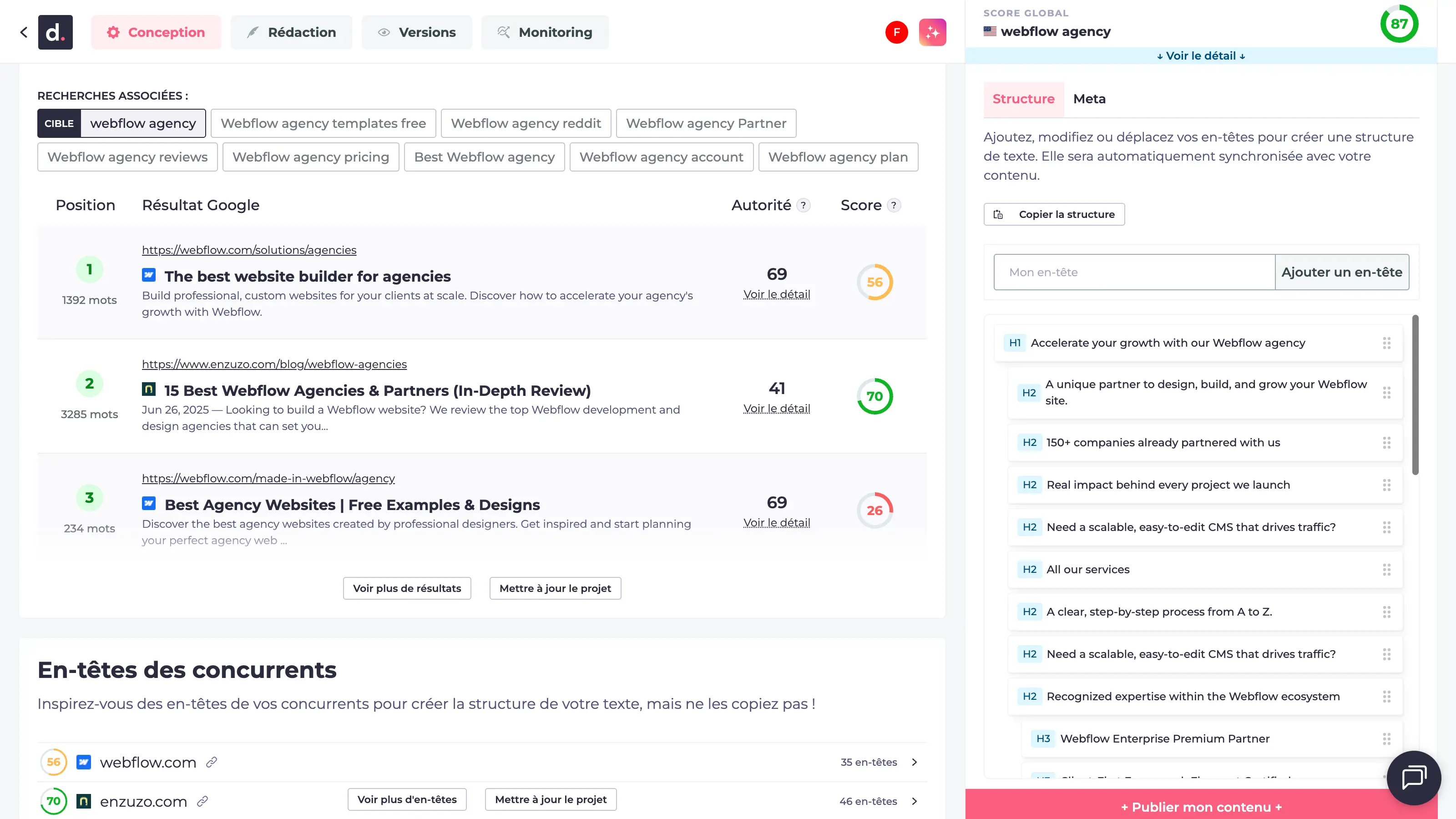 Screenshot of Dokey showing top-ranking results for the keyword “Webflow agency” with SEO scores, content structure, and competitive headings from websites like webflow.com and enzuzo.com.