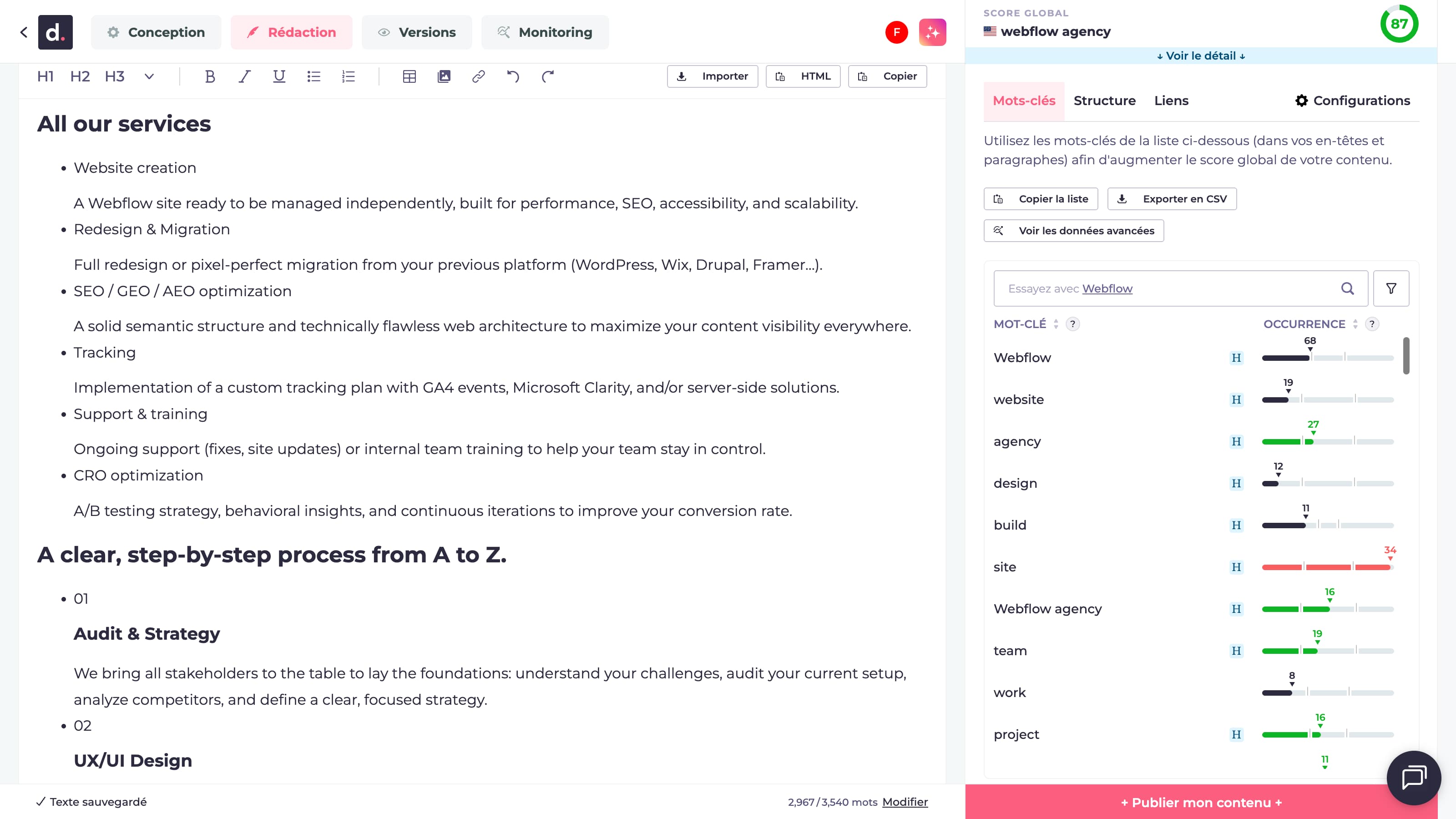 Screenshot of Dokey content editor highlighting the “All our services” section with a structured list of Webflow-related services and a keyword usage panel on the right.