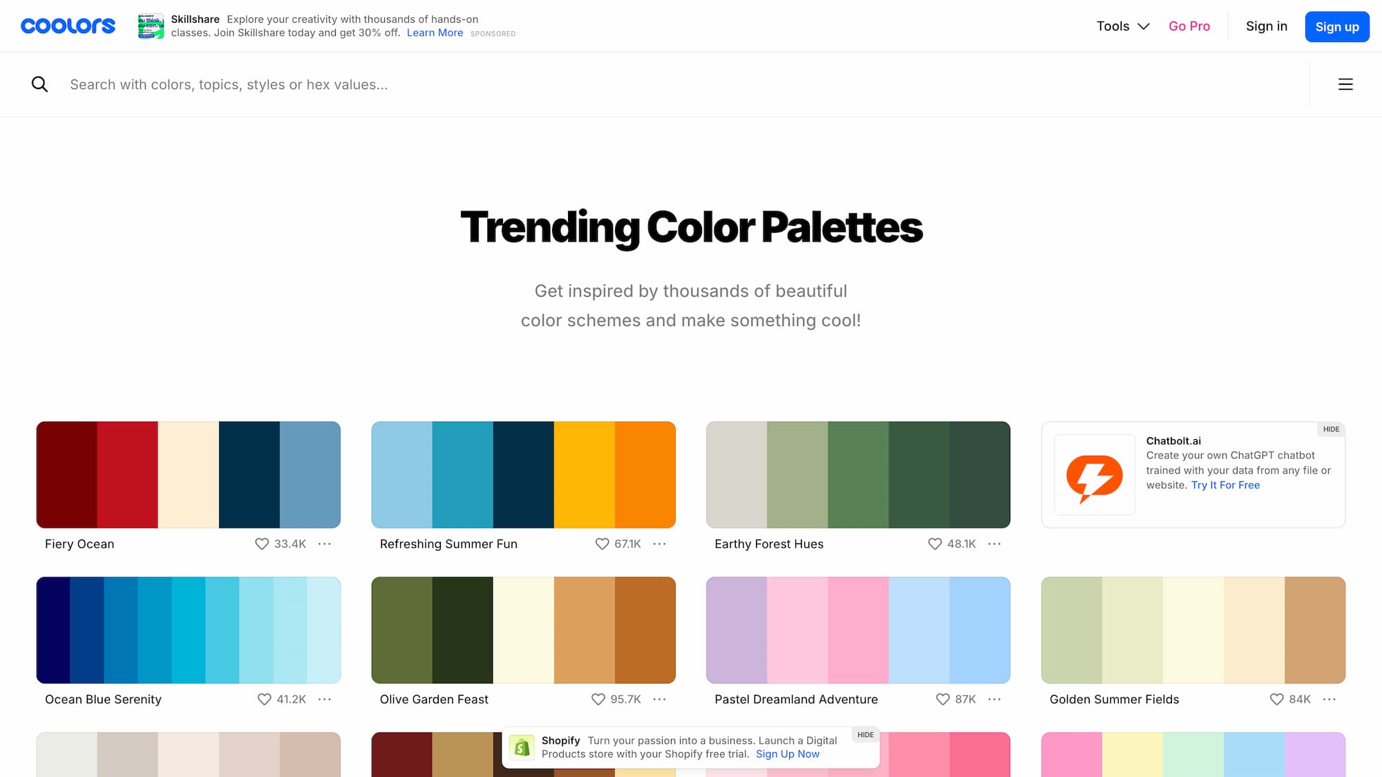 several color palettes generated on the coolors tool site