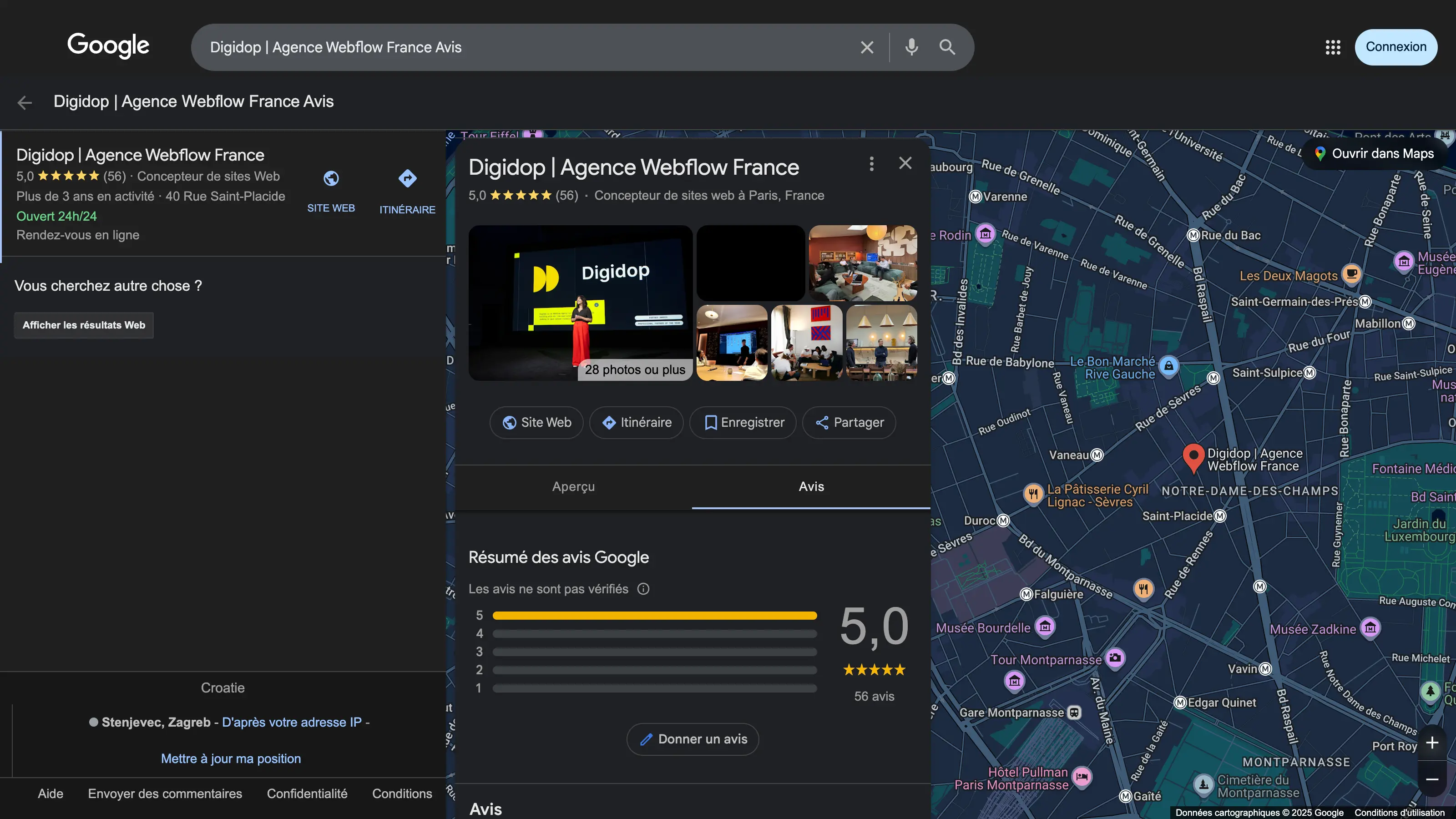 Fiche Google de l’agence Digidop avec une note de 5,0 basée sur 56 avis, incluant des photos, l’adresse à Paris, les horaires d’ouverture 24h/24 et une carte affichant la localisation dans le 6ᵉ arrondissement.