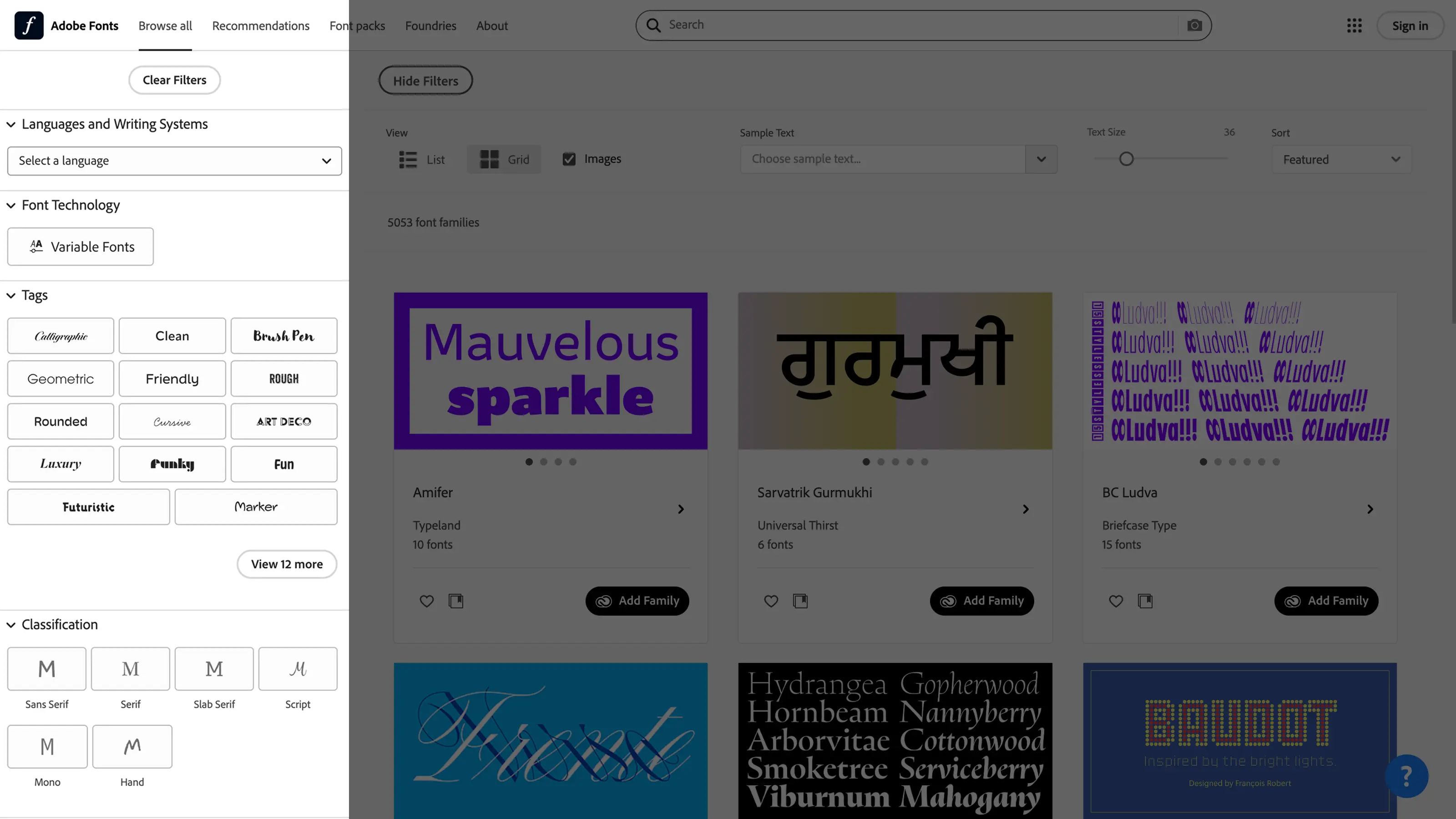 Adobe Fonts search filters interface with font tags like “Clean”, “Rounded”, and “Luxury” on the left, and font previews like Amifer and BC Ludva on the right.