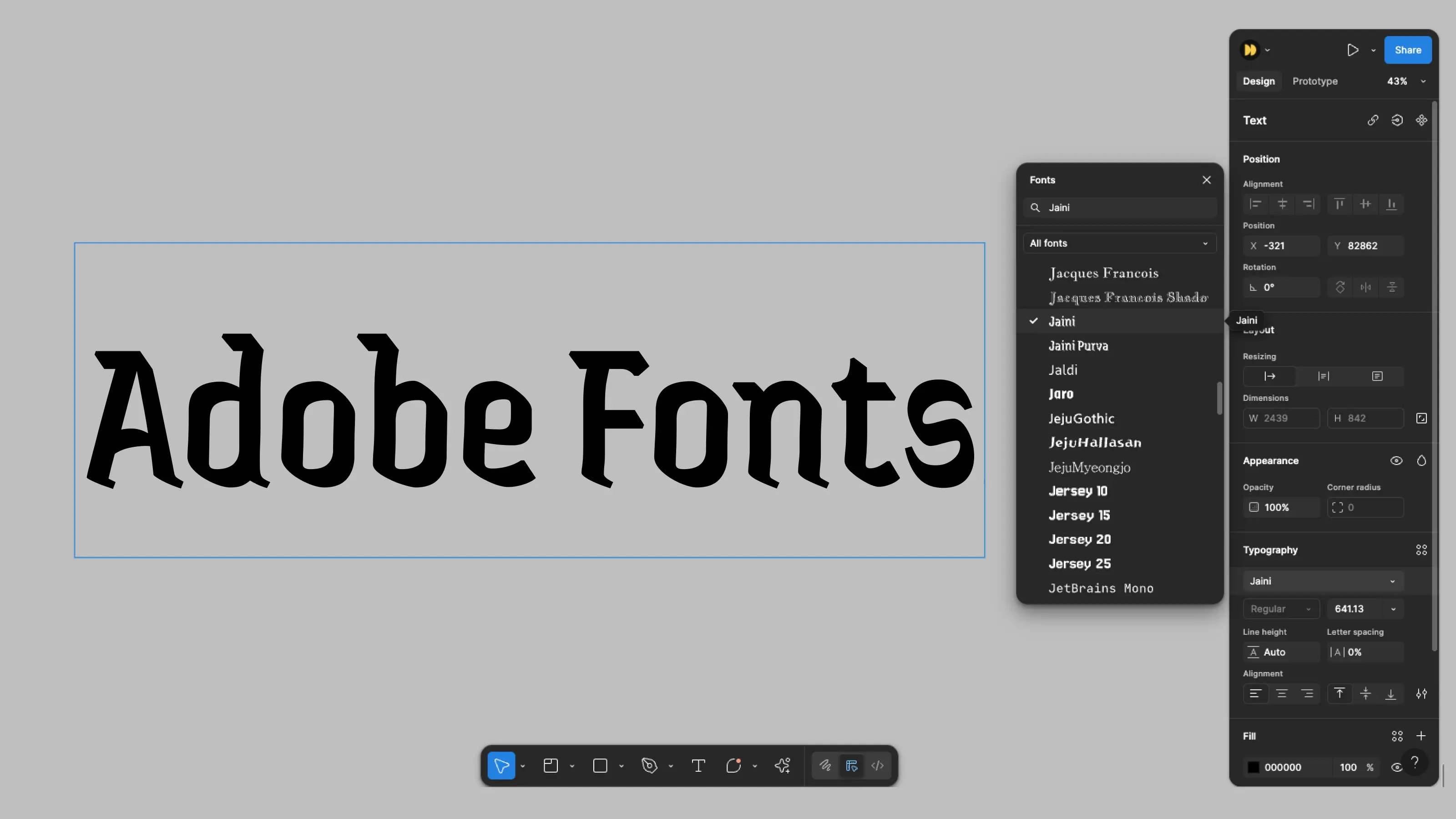 Interface of Adobe Fonts displayed in Figma, showing font selection with “Jaini” chosen and the text “Adobe Fonts” typed in the canvas.