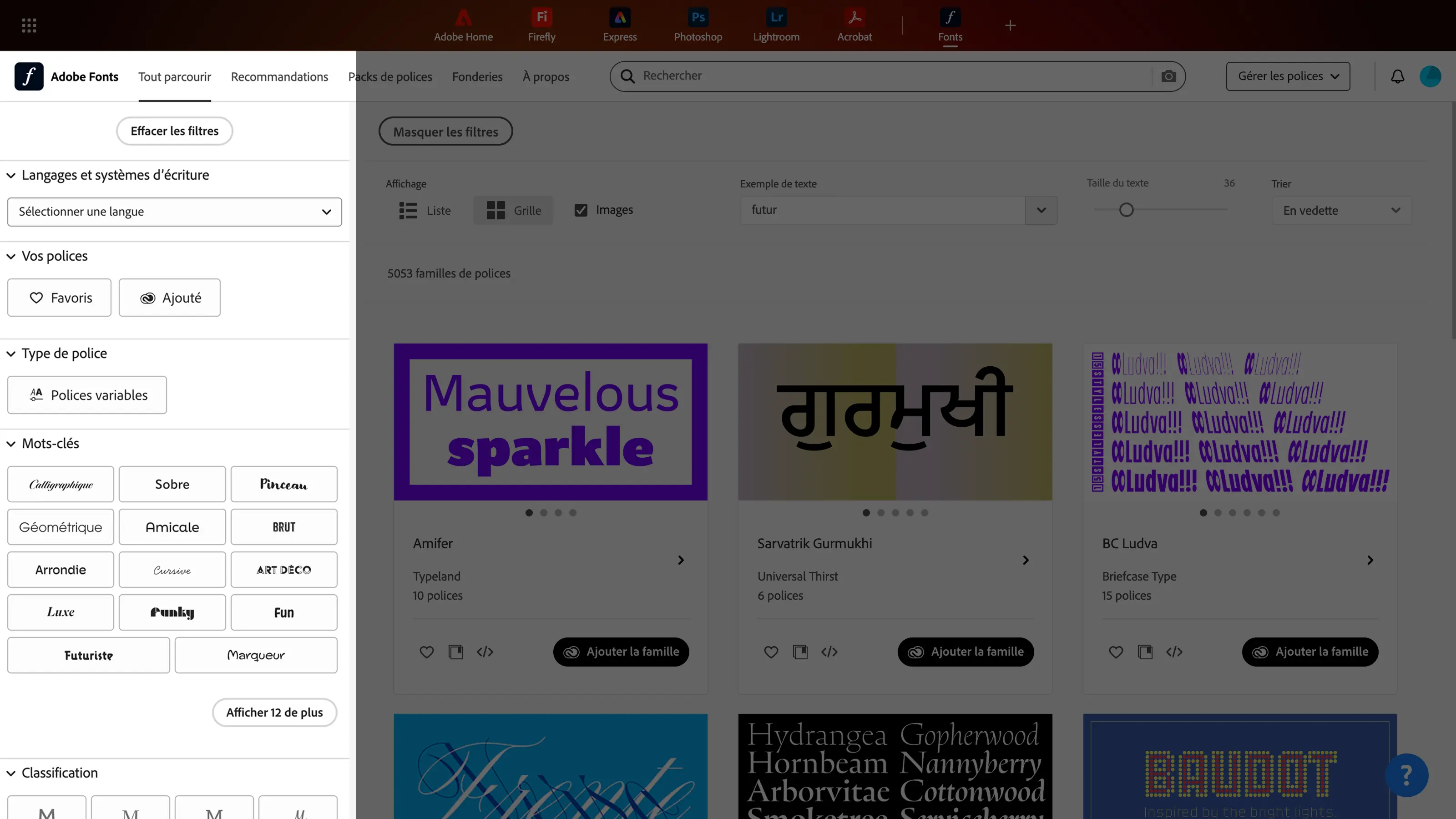 Interface de recherche des polices sur Adobe Fonts, avec filtres actifs sur la gauche (type de police, mots-clés, classification) et aperçu des polices dans la section principale, incluant “Mauvelous sparkle”, “Sarvatrik Gurmukhi” et “BC Ludva”.
