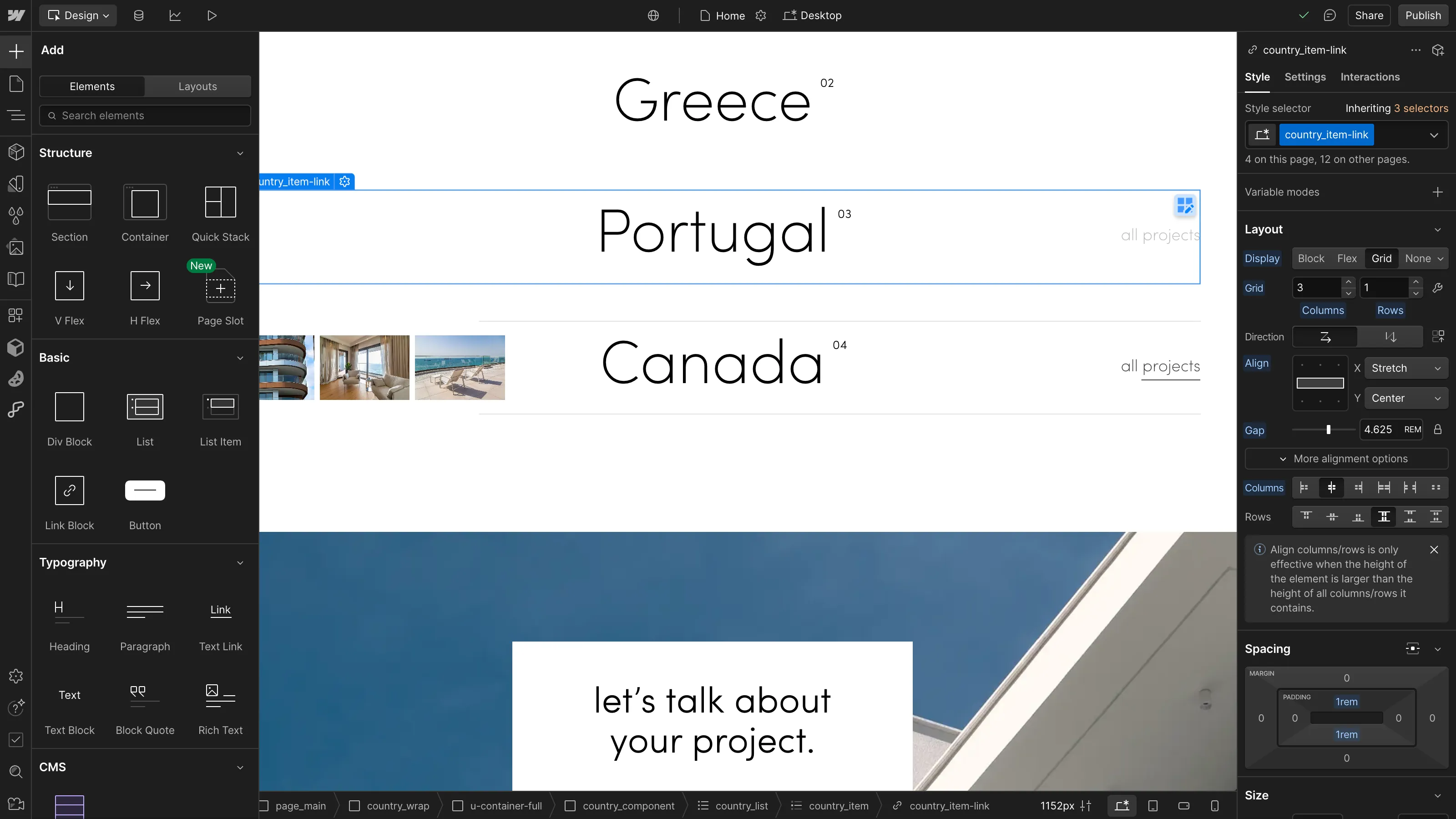 Interface Webflow listant des projets par pays avec des images et titres : Grèce, Portugal, Canada.