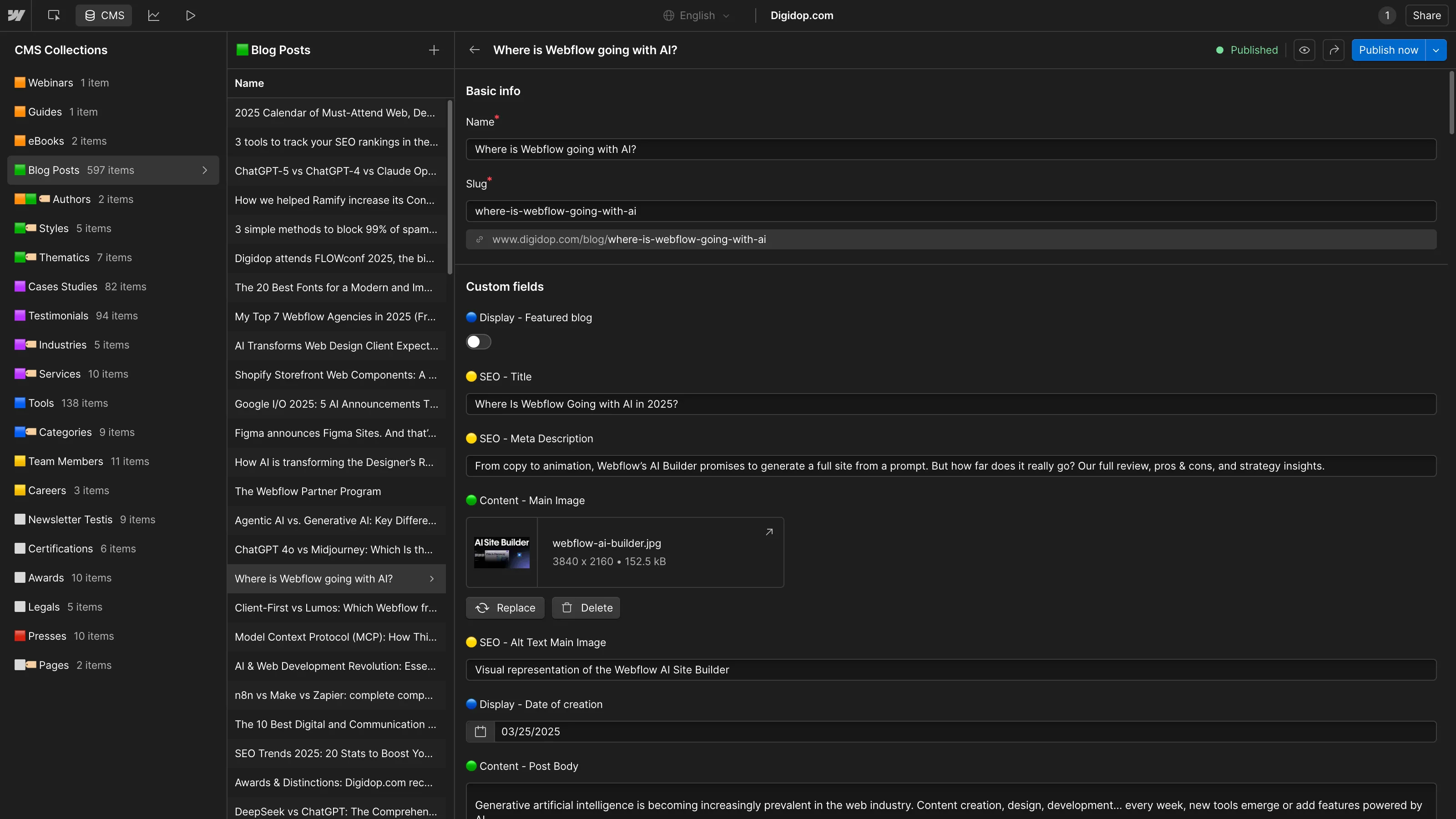  Interface Webflow CMS montrant un article de blog sur l’IA de Webflow avec les champs SEO et contenu.