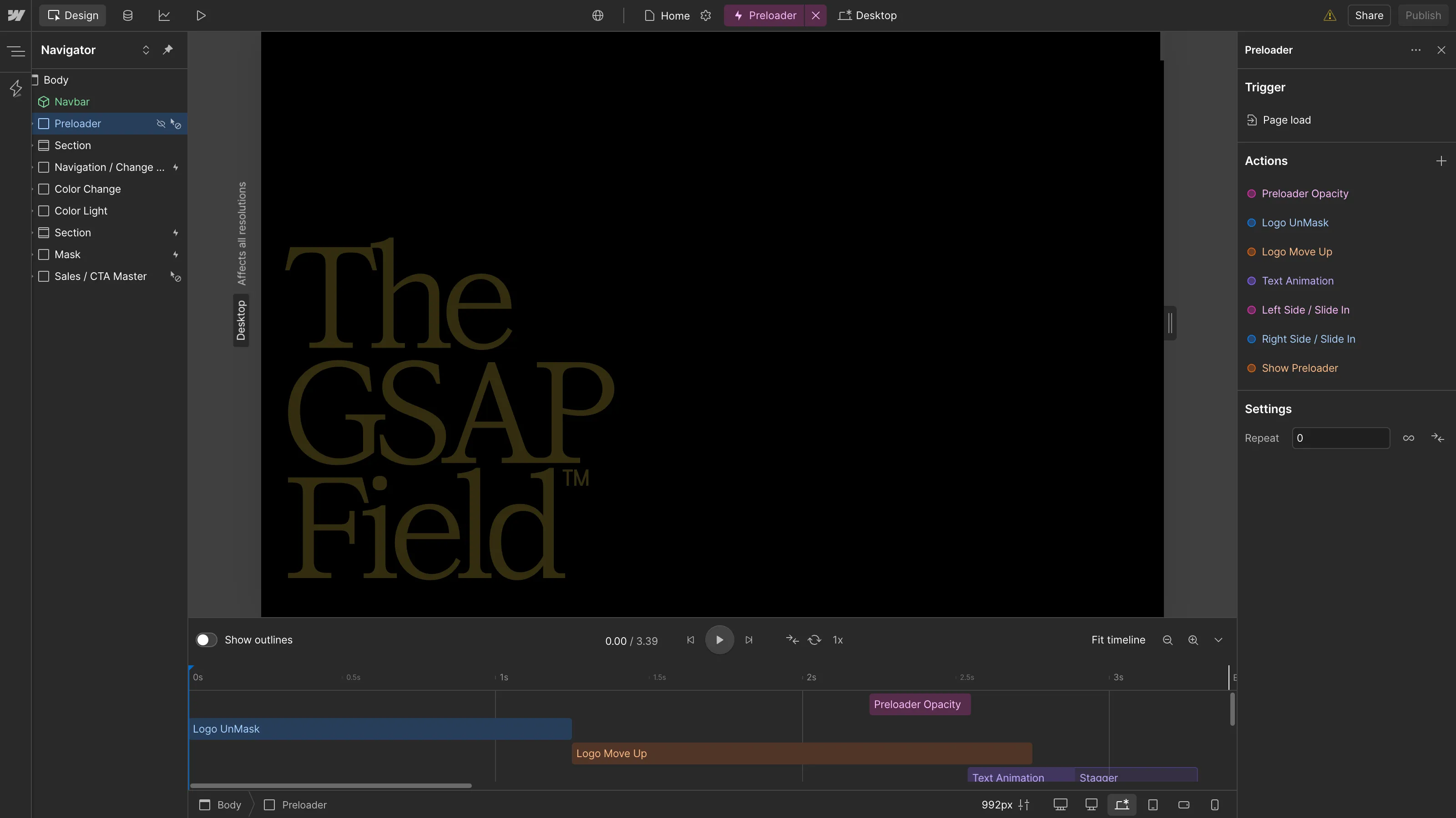 Timeline d’animation GSAP dans Webflow montrant un préloader avec des animations de texte et logo.