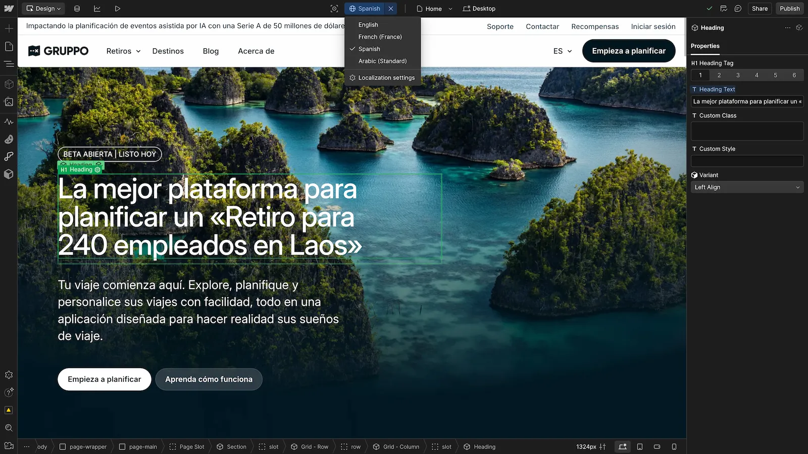 Interface Webflow avec la version espagnole d’un site de planification de retraites d’entreprise, affichant un H1 localisé et le menu des langues.
