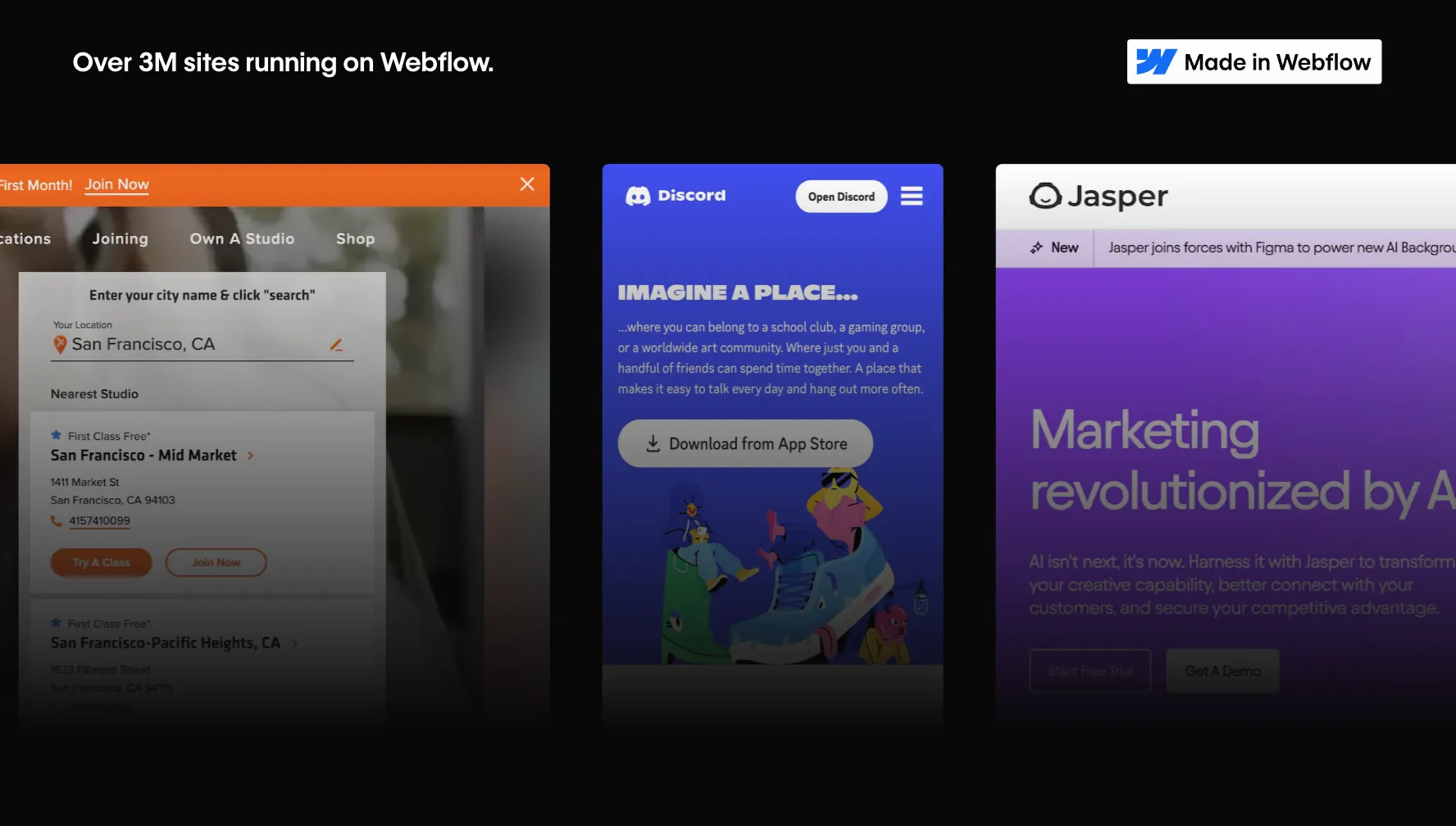 Showcase of websites made with Webflow including Discord, Jasper, and an online sign-up page.