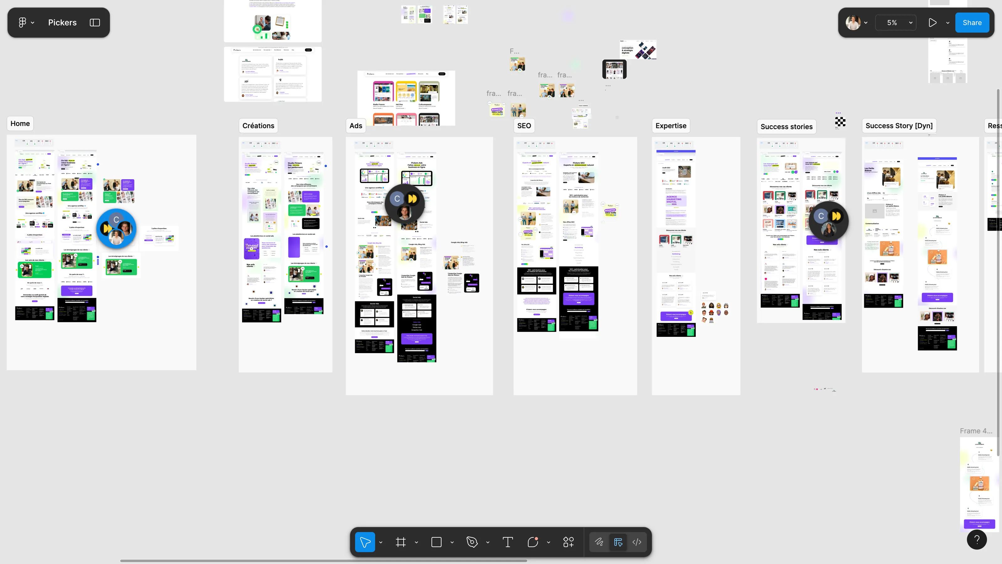 Aperçu du design Figma du site Pickers, montrant les différentes pages de services : Ads, SEO, Expertises et Success stories.