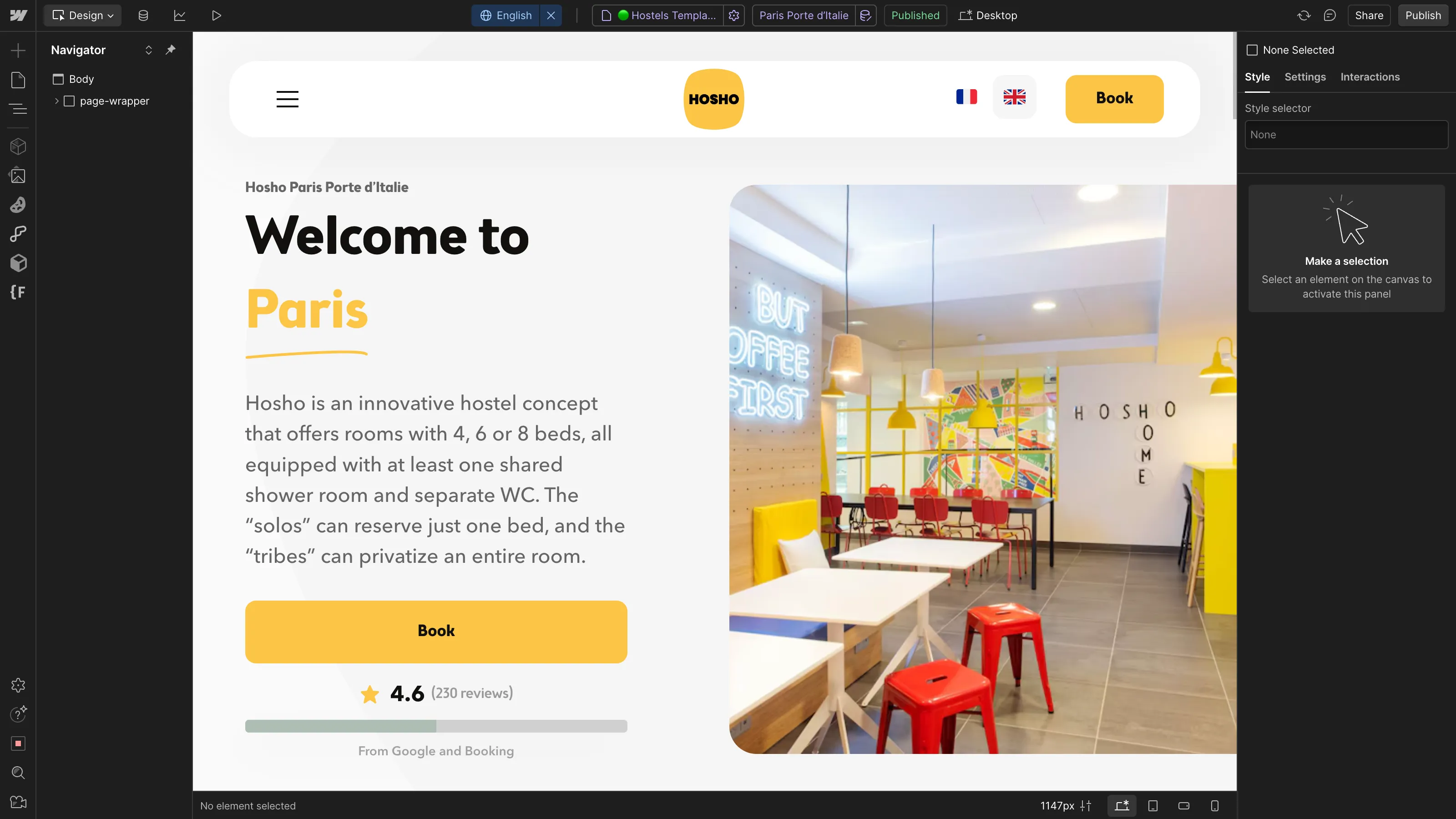 Screenshot of the English homepage of Hosho hostel in Paris, featuring the text “Welcome to Paris” and a colorful interior photo of the hostel.
